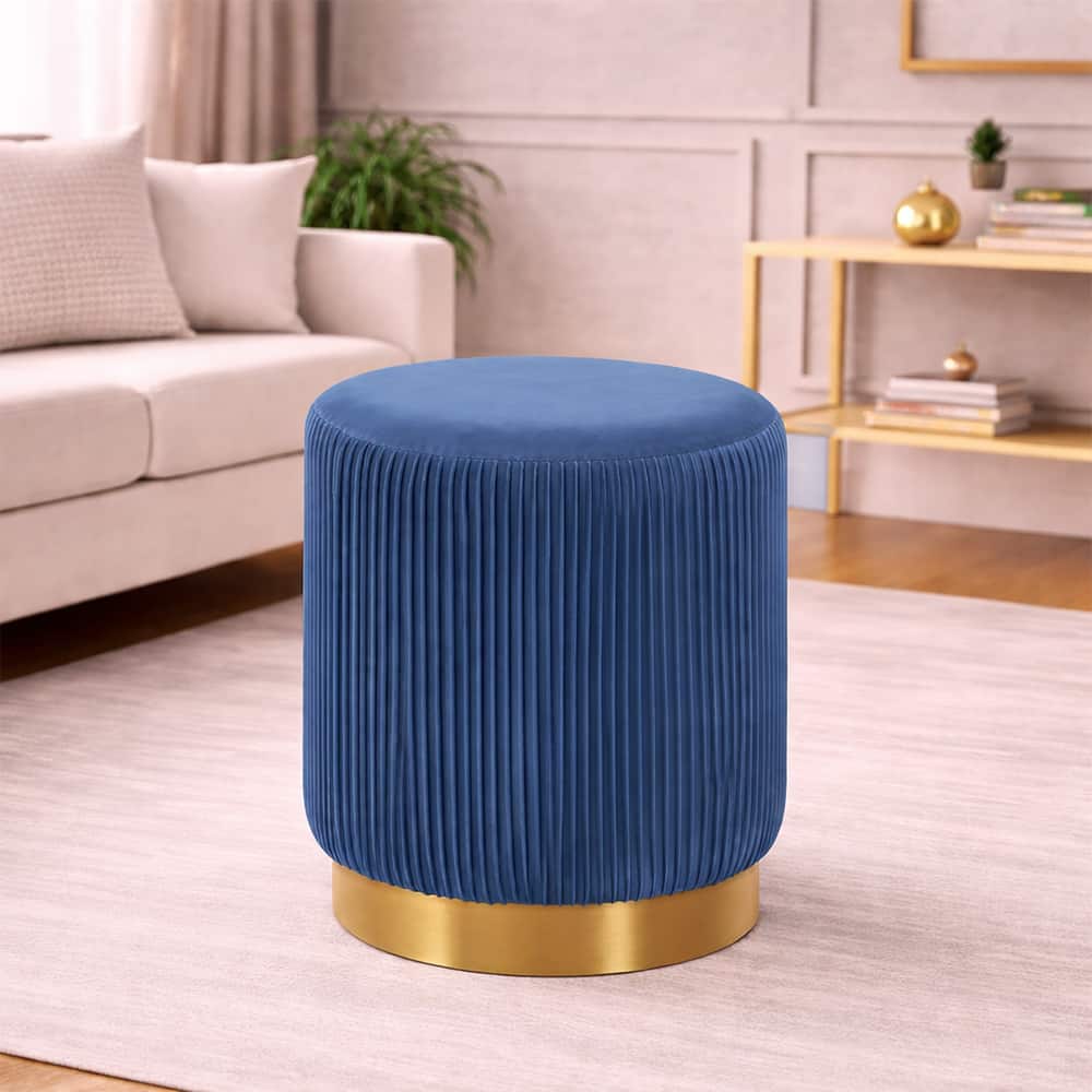 Doe Buck Damato Luxury Velvet Round Ottoman in Blue Colour with Gold Base - Doe Buck