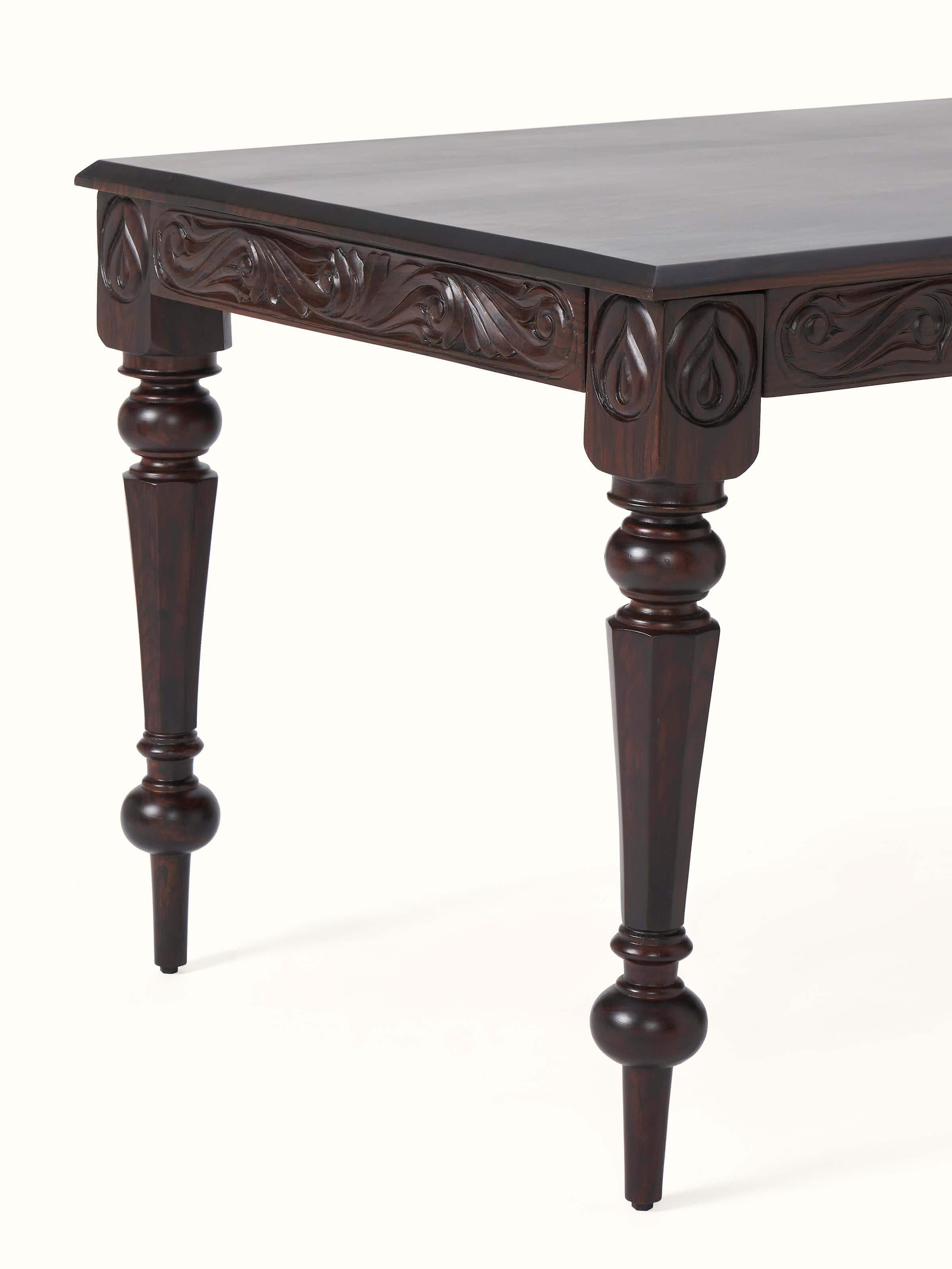 View of the carved rosewood 6-seater dining table with chairs, capturing the complete dining set arrangement
