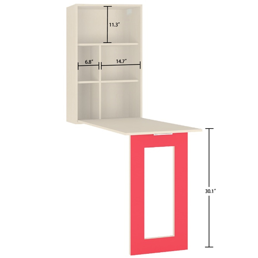Calypso Kids Wall Mounted Folding Study Desk and Built In Bookshelf in Light Wood Strawberry Pink Colour