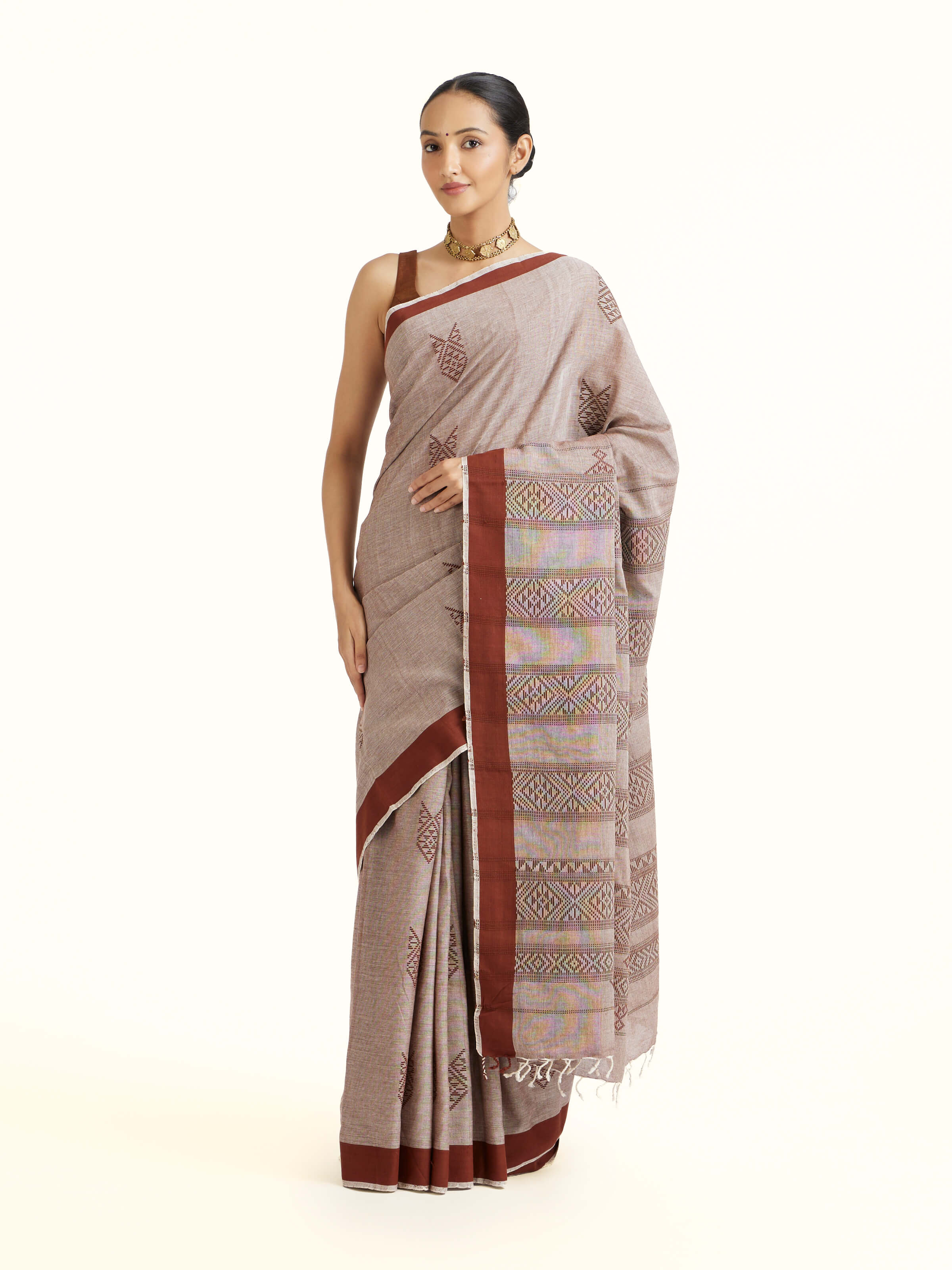 Brown Cotton Extra-weft Saree