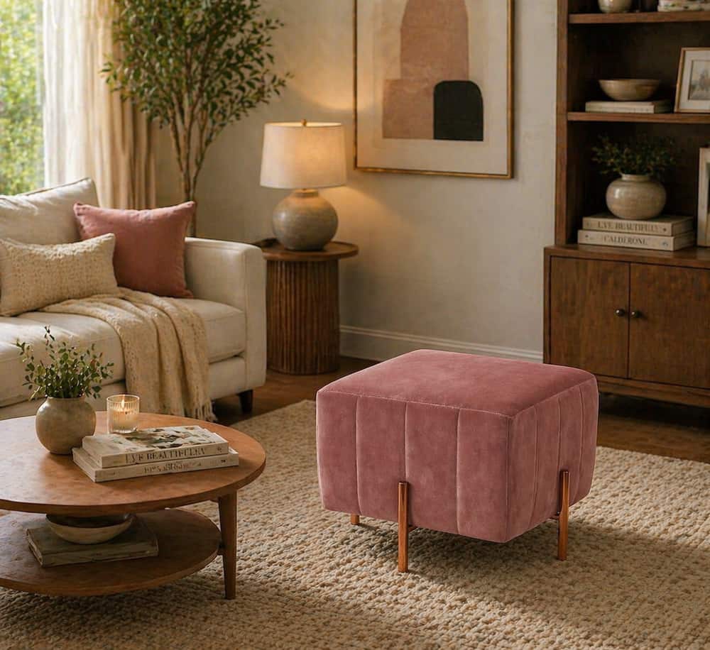 Doe Buck Regent Channel Tufted Velvet Ottoman Stool in Pink Colour with Rose Gold Legs - Doe Buck