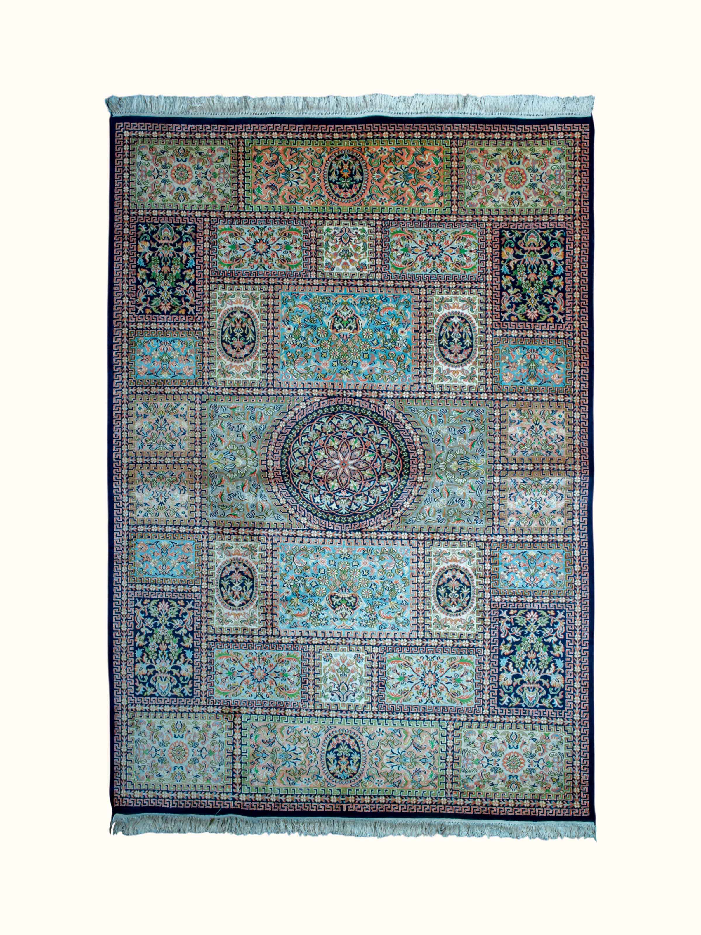 Traditional Persian Blue Green Dabdar Kashmir Silk Hand-Knotted Carpet