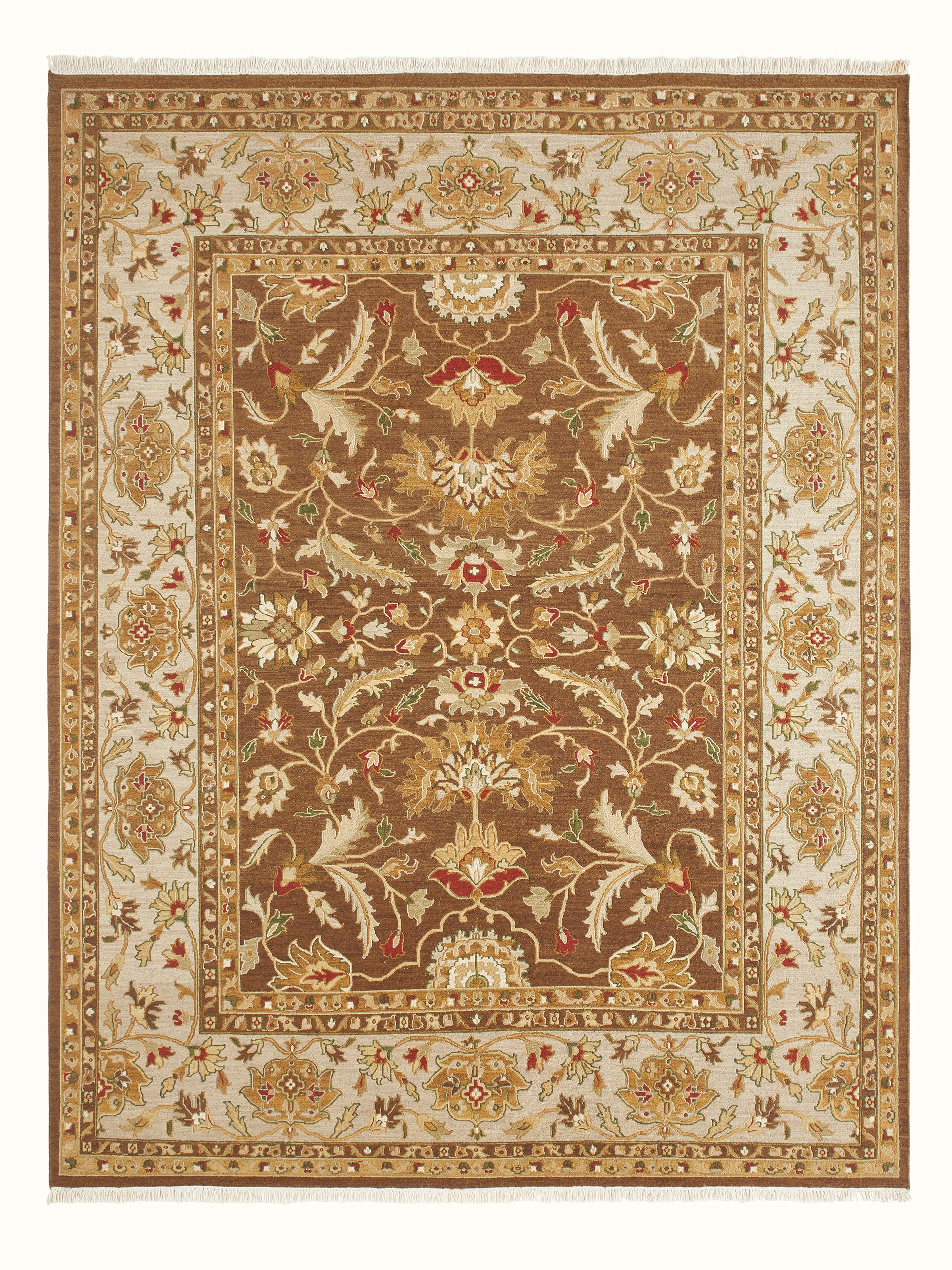 Detailed view of Traditional Sumak brown chobi Bhadohi wool hand-knotted rug featuring intricate patterns and rich brown color.