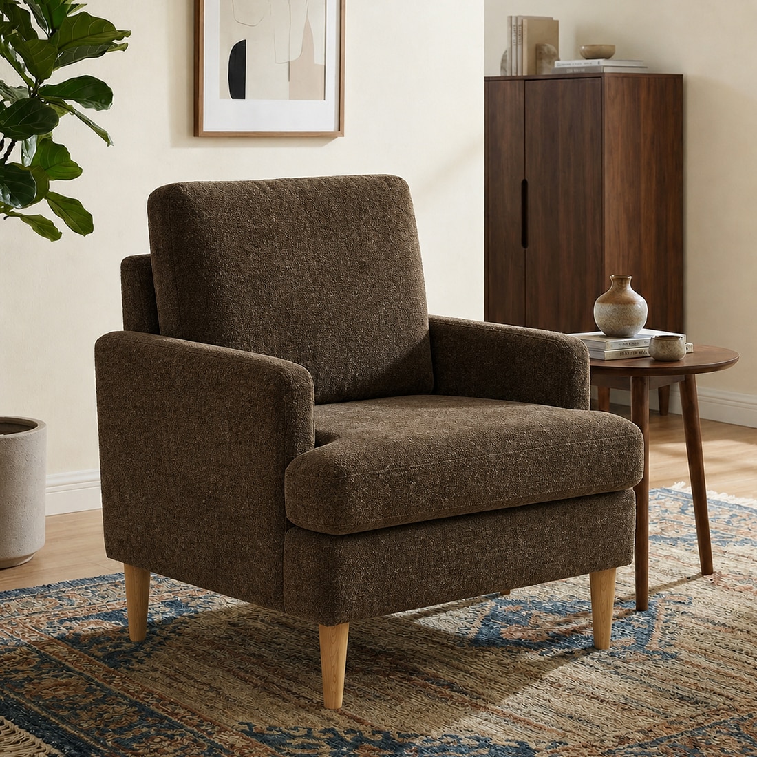 Oliver Boucle Fabric Lounge Chair in Brown Colour - KURSIWALLAH