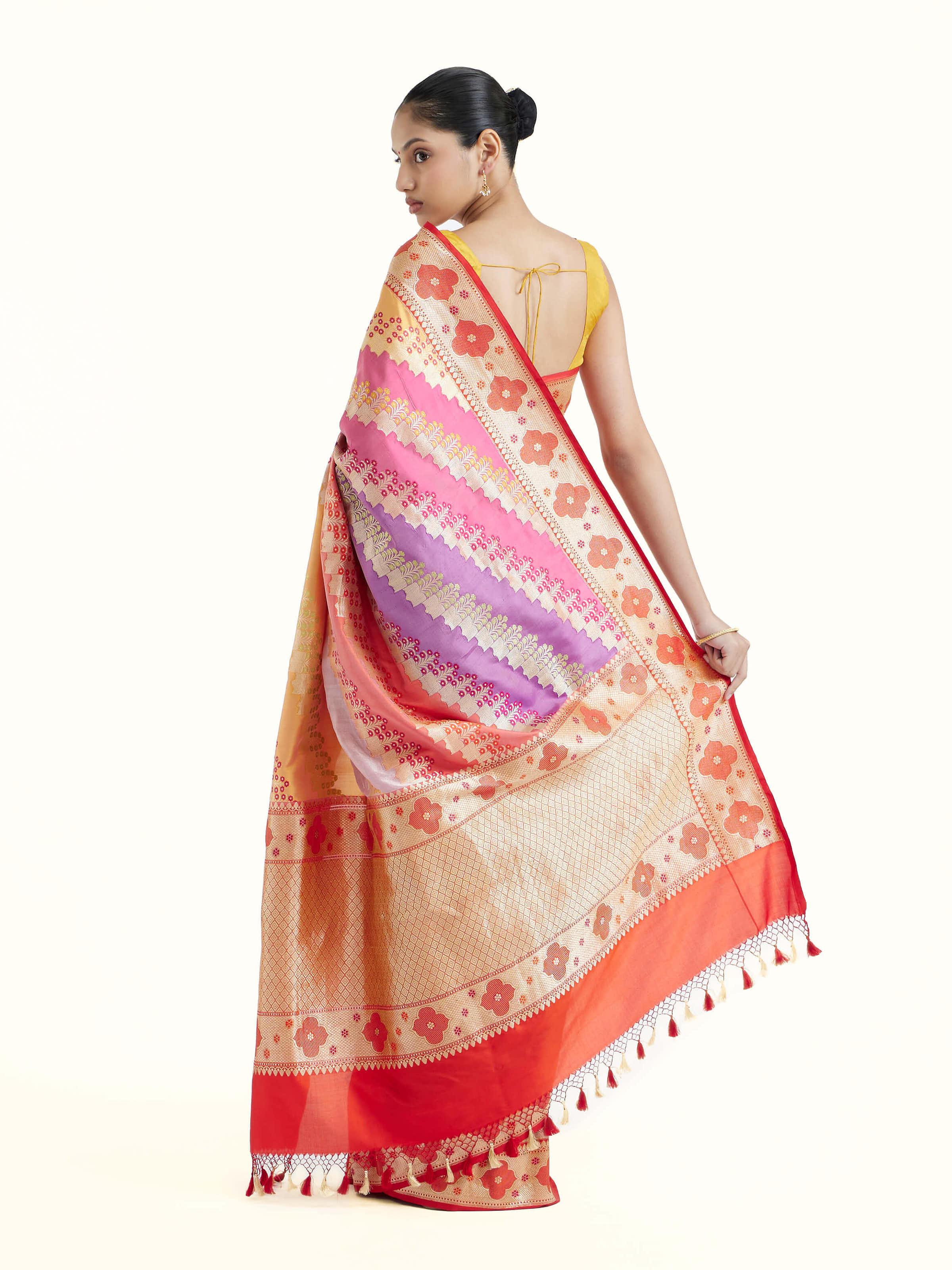 Back view of silk rangkat Banarasi saree displaying pallu and overall weave continuity