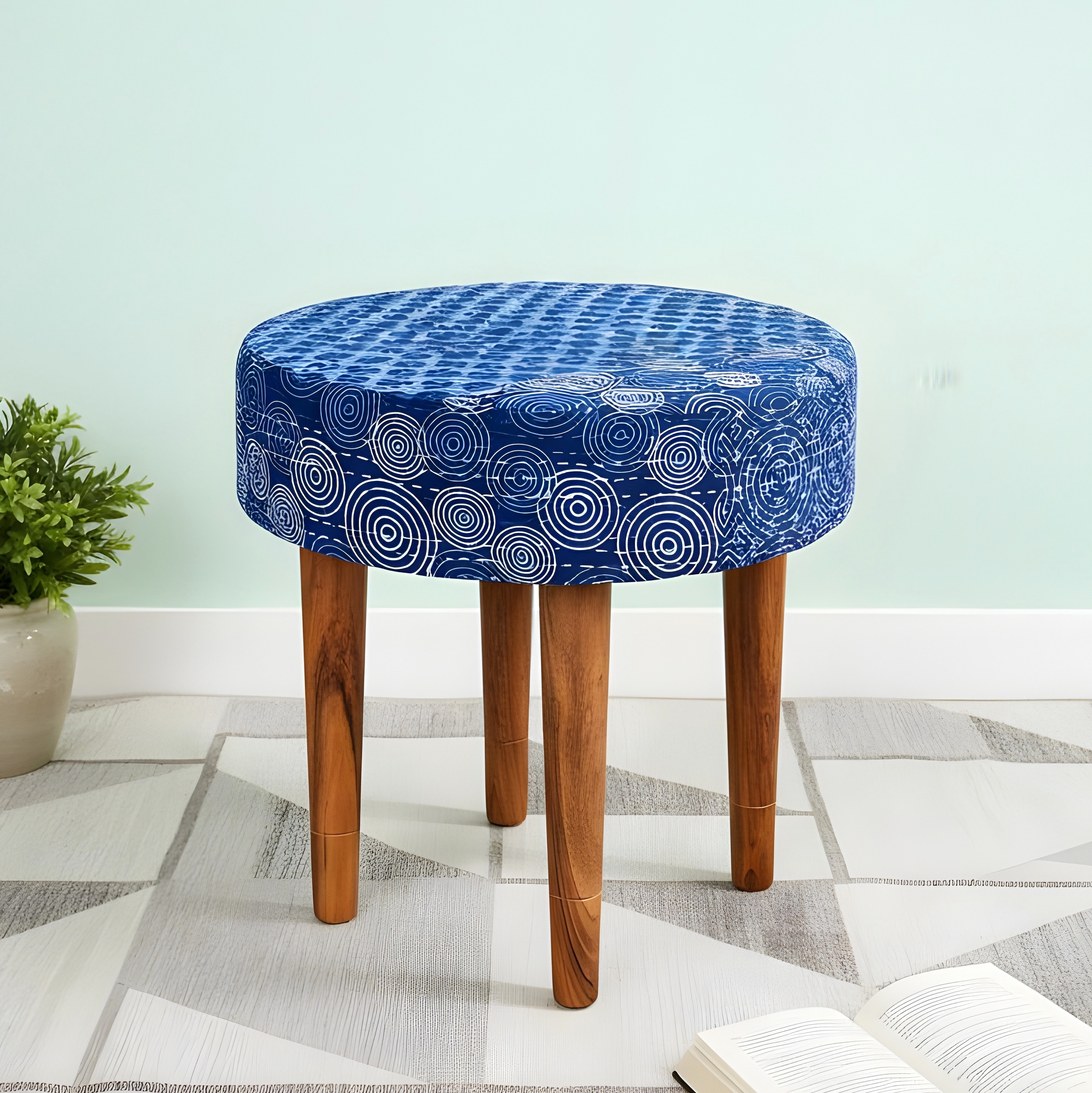 Nayla Solid Wood Stool in Indigo Patch Kantha Fabric