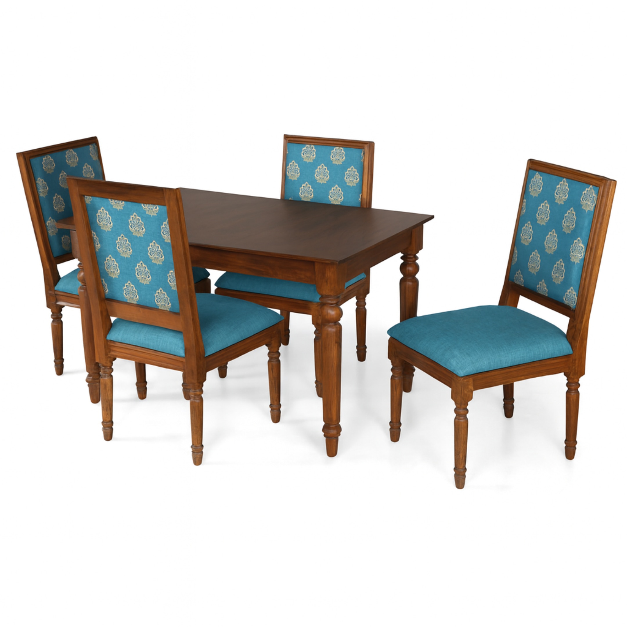 Globally Indian Sheesham Wood Turning Leg 4 Seater Dining Table Set With 4 Solid Wood Upholstered Chairs –  In Blue Color