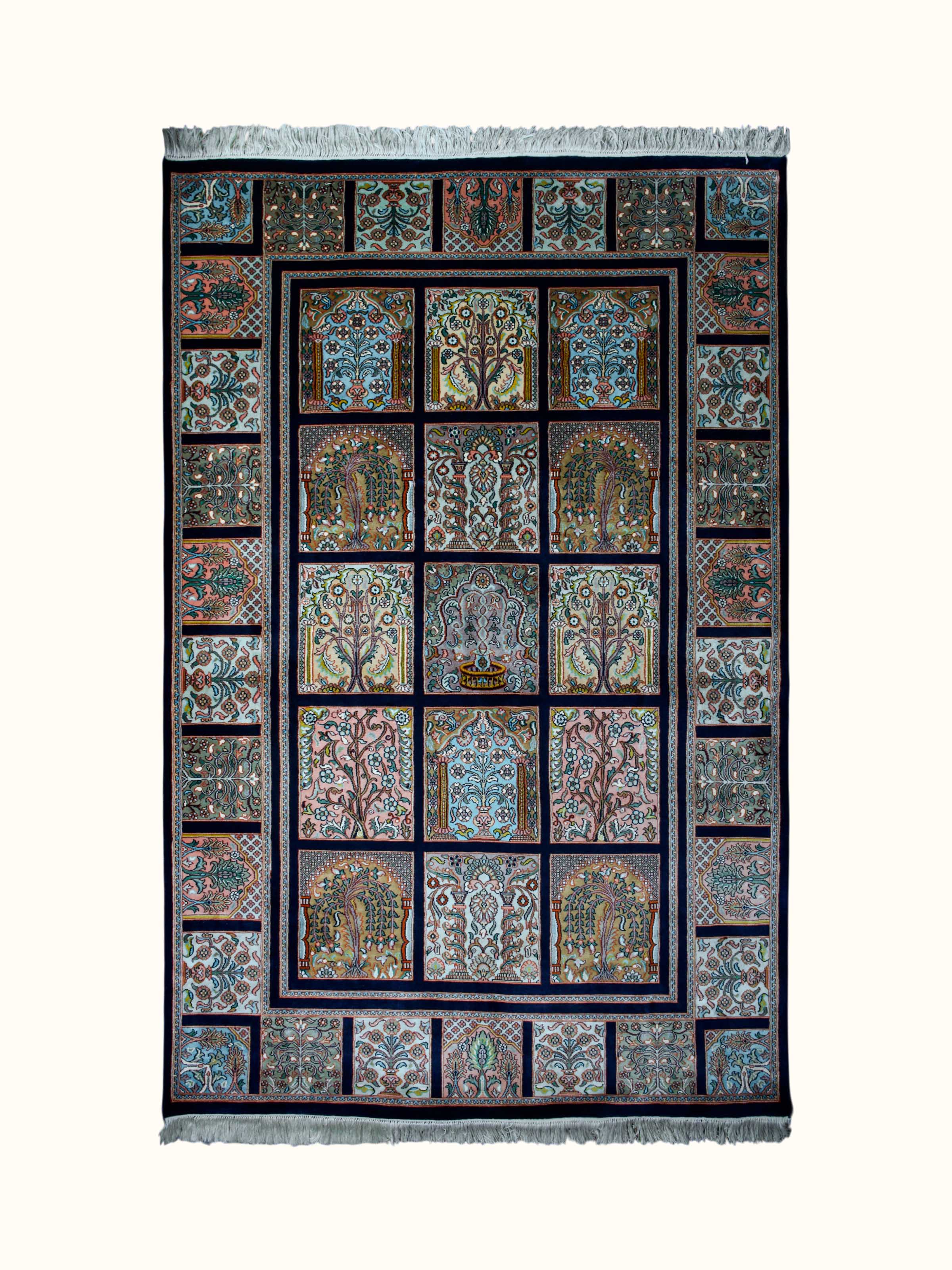 Traditional Persian Navy Pink Hamadan Kashmir Silk Hand-Knotted Carpet