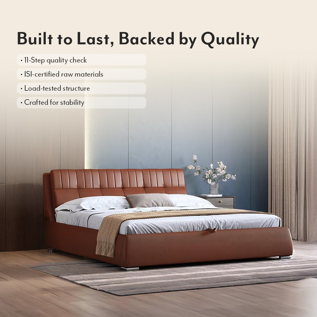 Stanhope Upholstered Hydraulic Storage Queen Size Bed In Sienna Brown Leatherette Colour