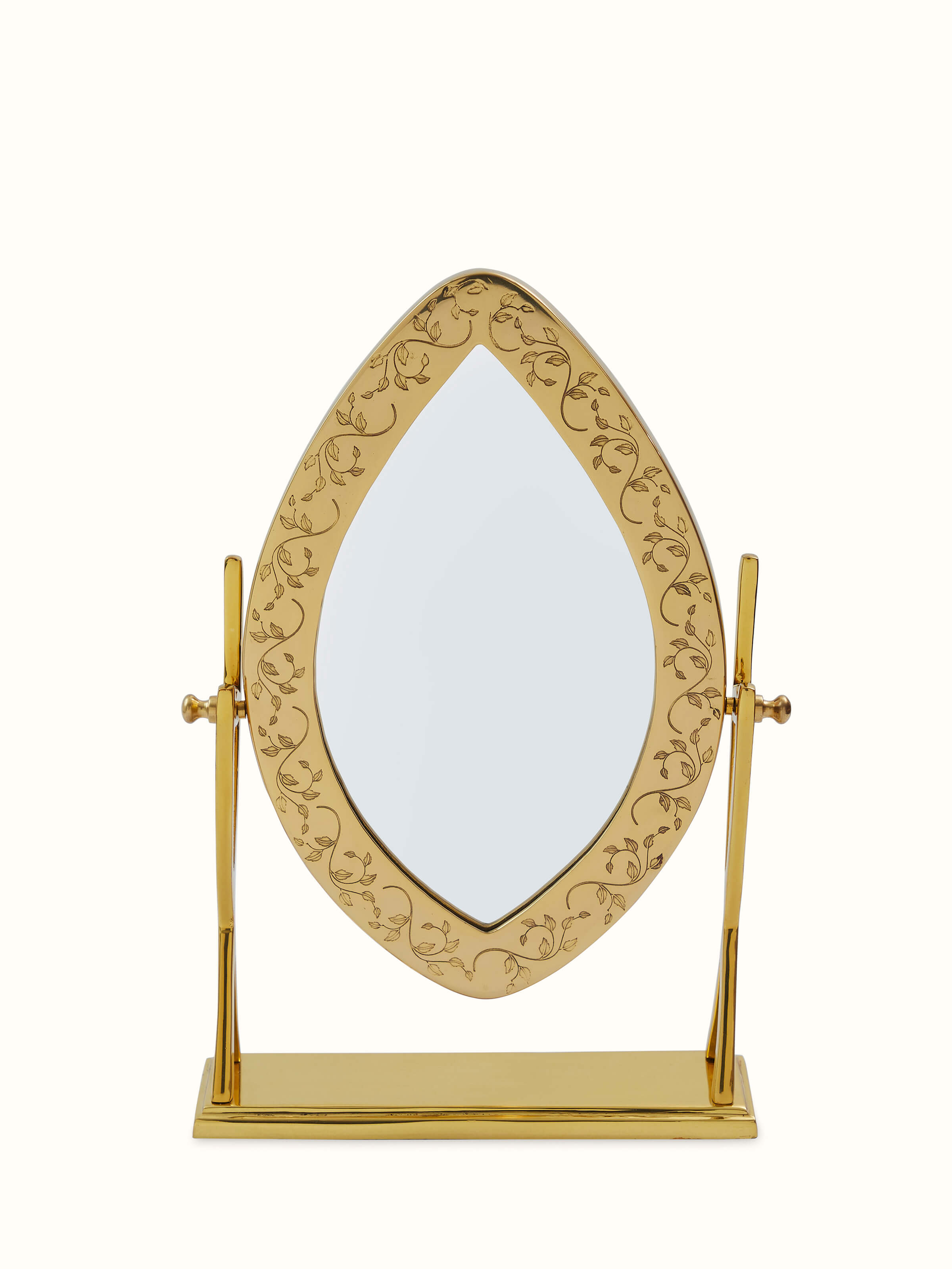 Front view of Natural Brass Table Mirror from Swadesh highlighting its sleek, reflective surface and classic brass frame.