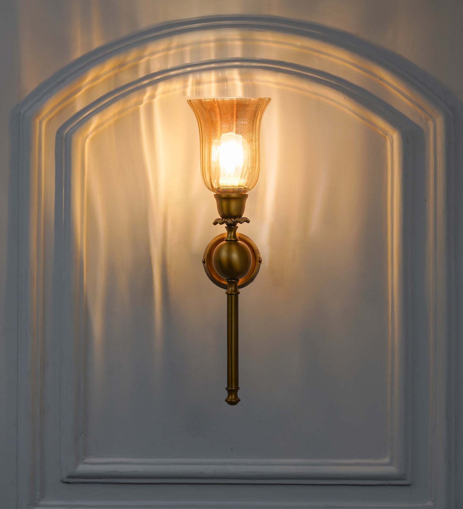 Abbie Single Light Wall Fitting In Antique Brass Finish Metal With Amber Glass - Kapoor Lamp Shades
