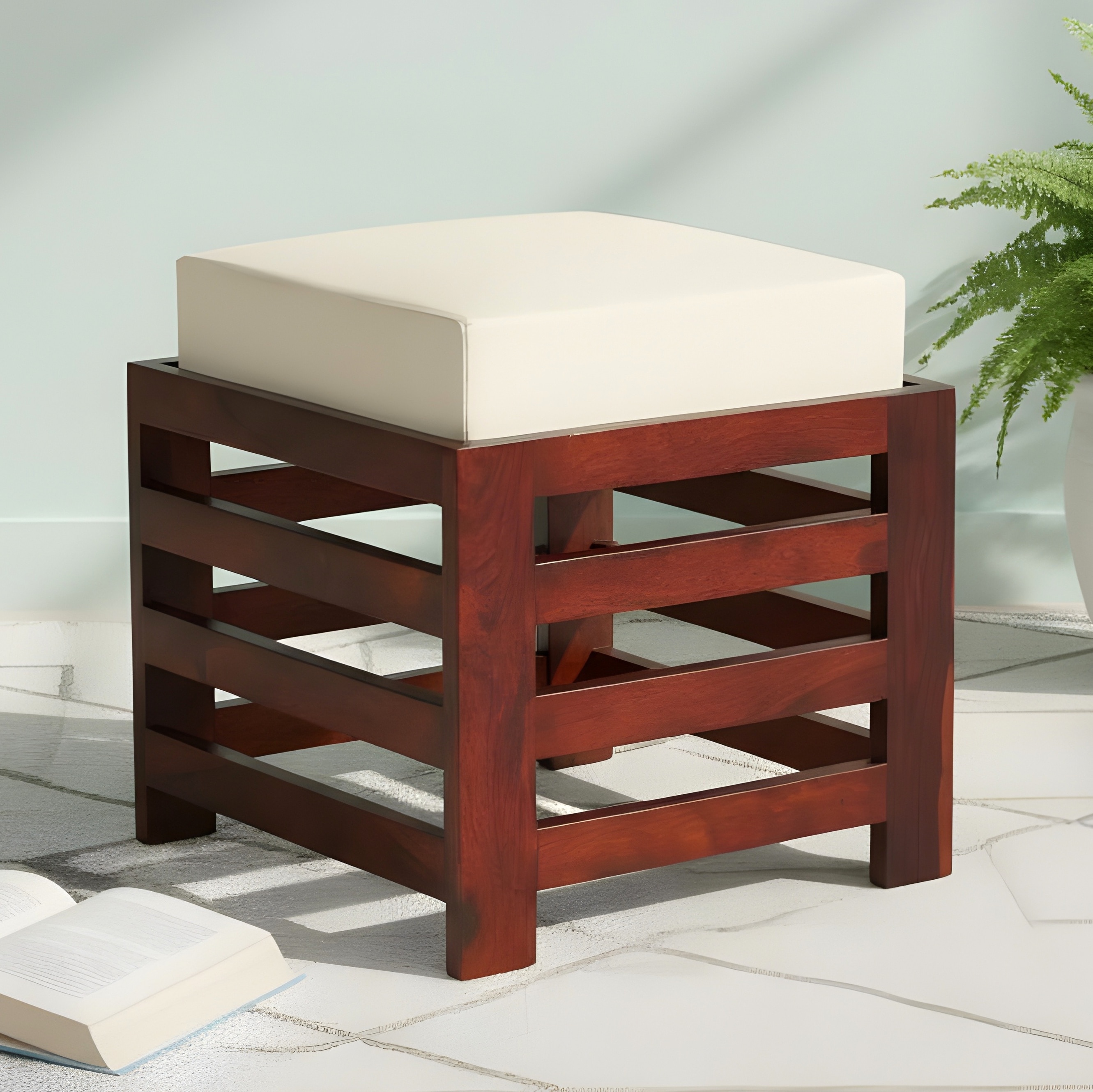 Houston Sheesham Wood   Square Stool in HONEY FINISH   Jute White Cushion