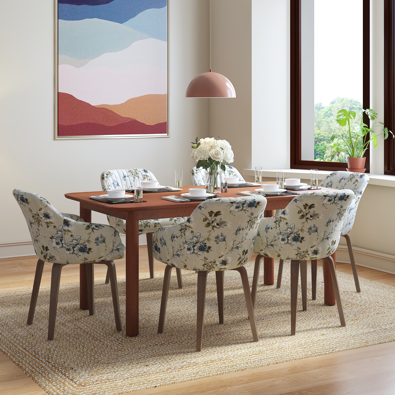 Dane Solid Wood Dining Table 6 Seater with 6 Rochelle Lounge Chairs (Finish: Honey, Colour: Adrian Velvet) - Urban Ladder