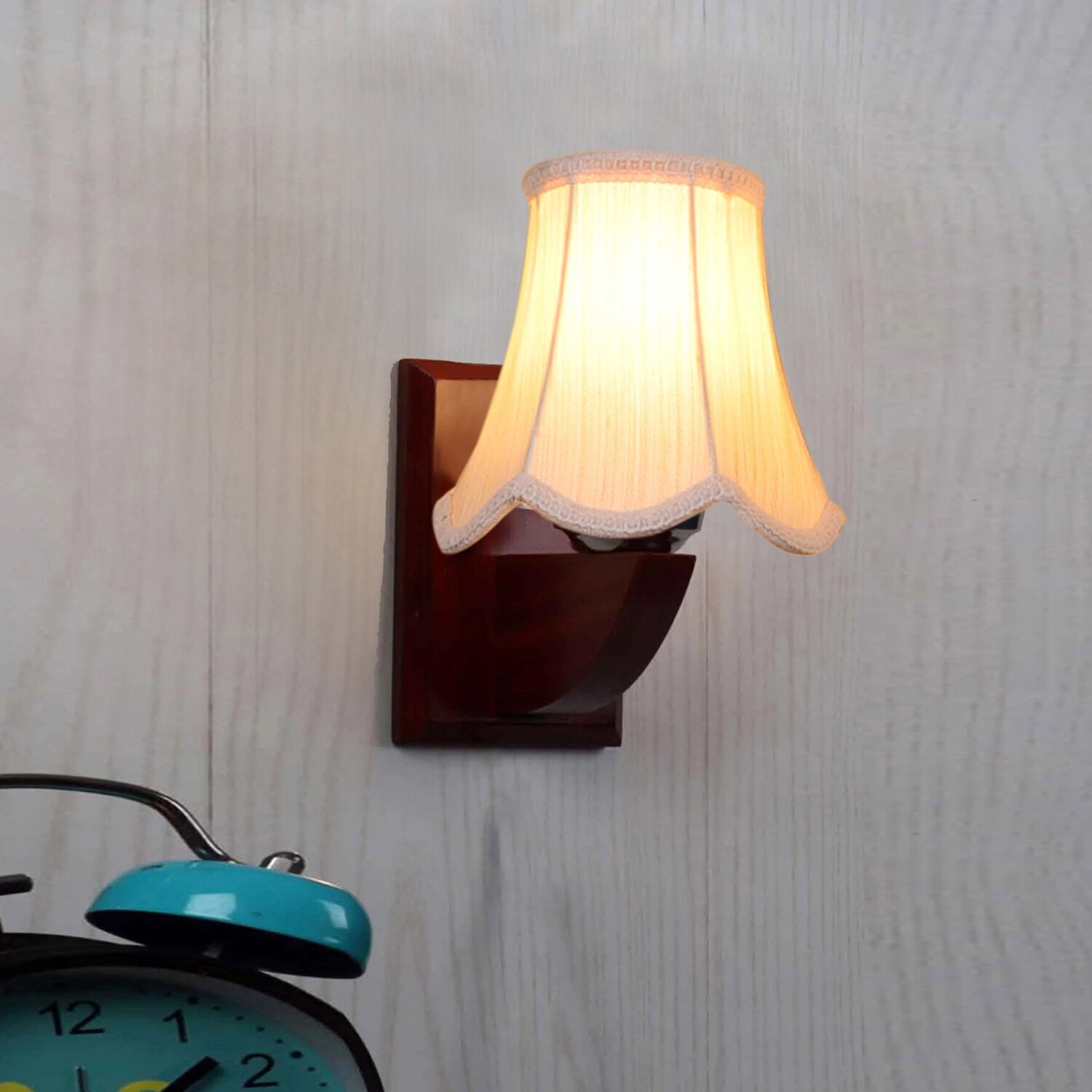 Devansh Wood Wall Mounted Lamp With Off-White Cotton Shade - Devansh