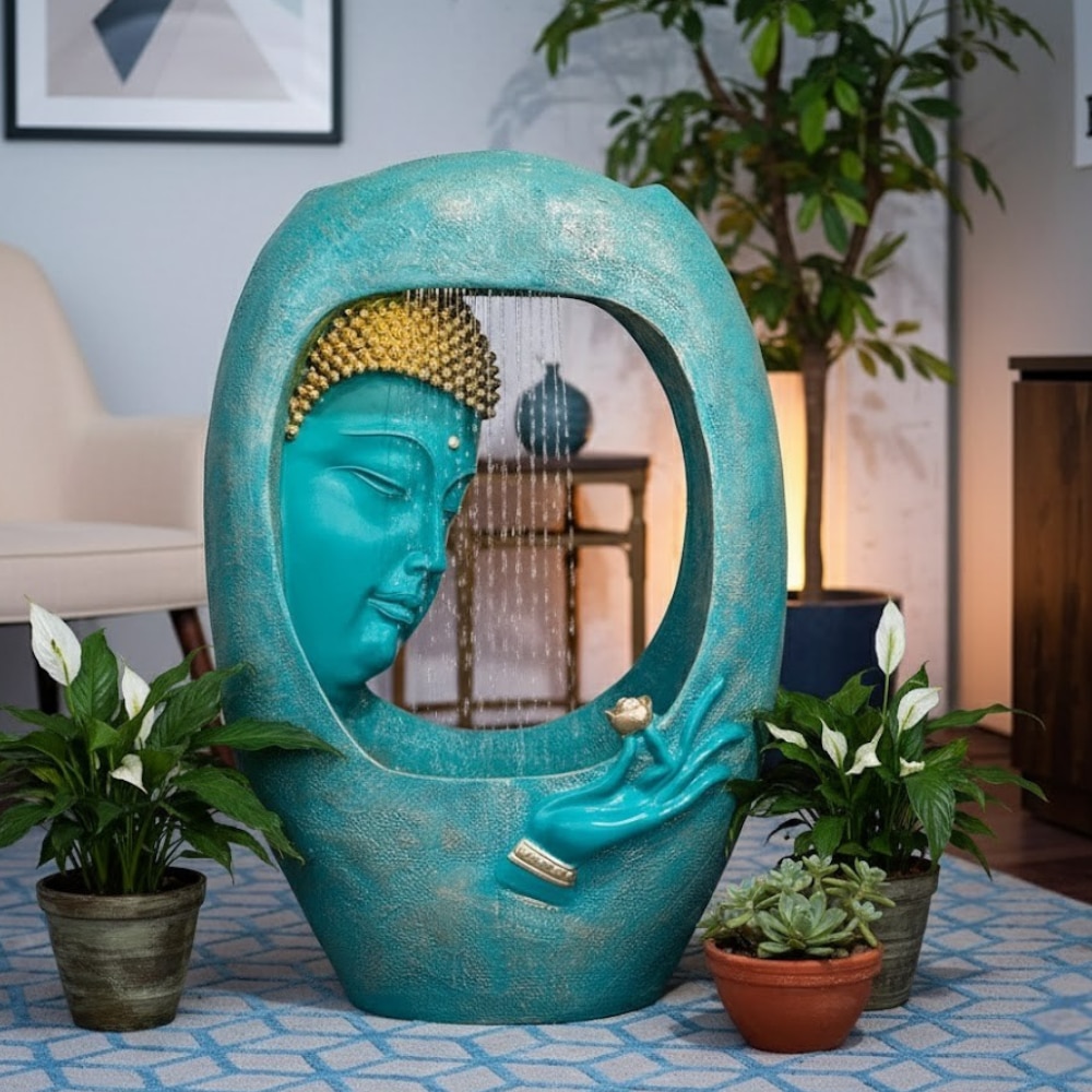 Buddha Face Shower Gold Wine Fiber Glass Indoor Fountain - Expleasia