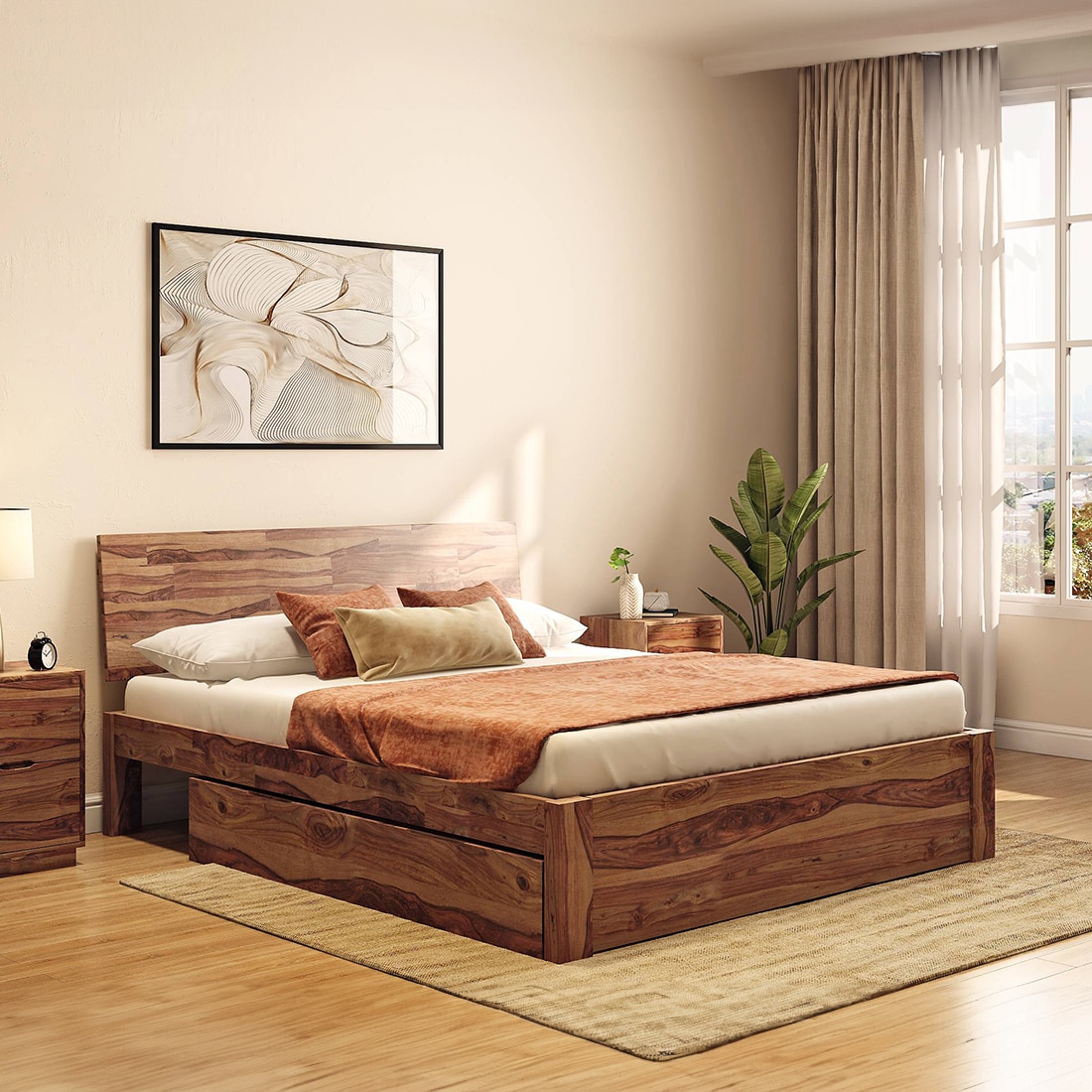 Boston Solid Wood King Size Drawer Storage Bed In Teak Finish