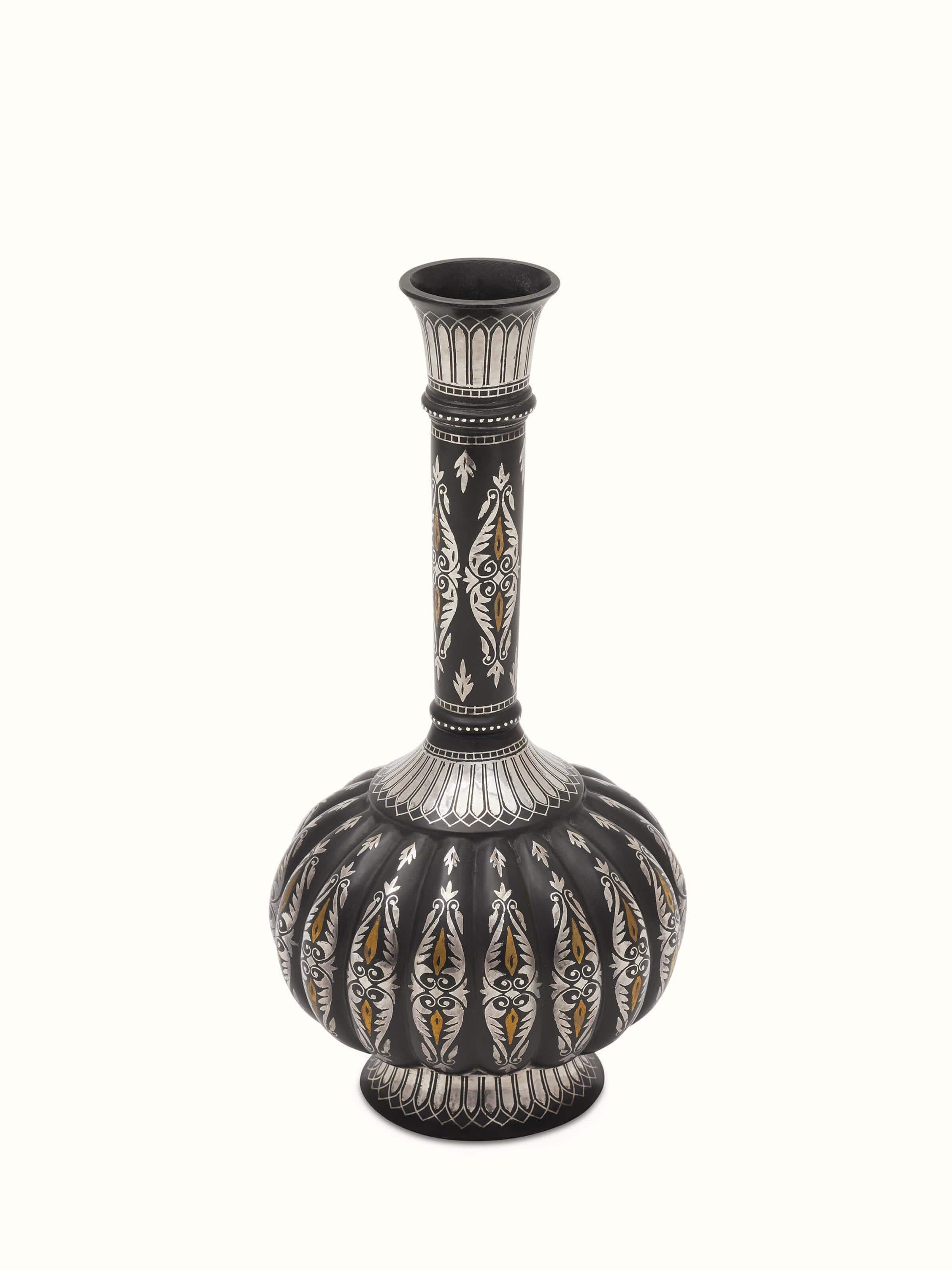 Side view of Bidri Zinc & Silver Big Vase by Swadesh highlighting the fusion of zinc and silver in an elegant artistic design.