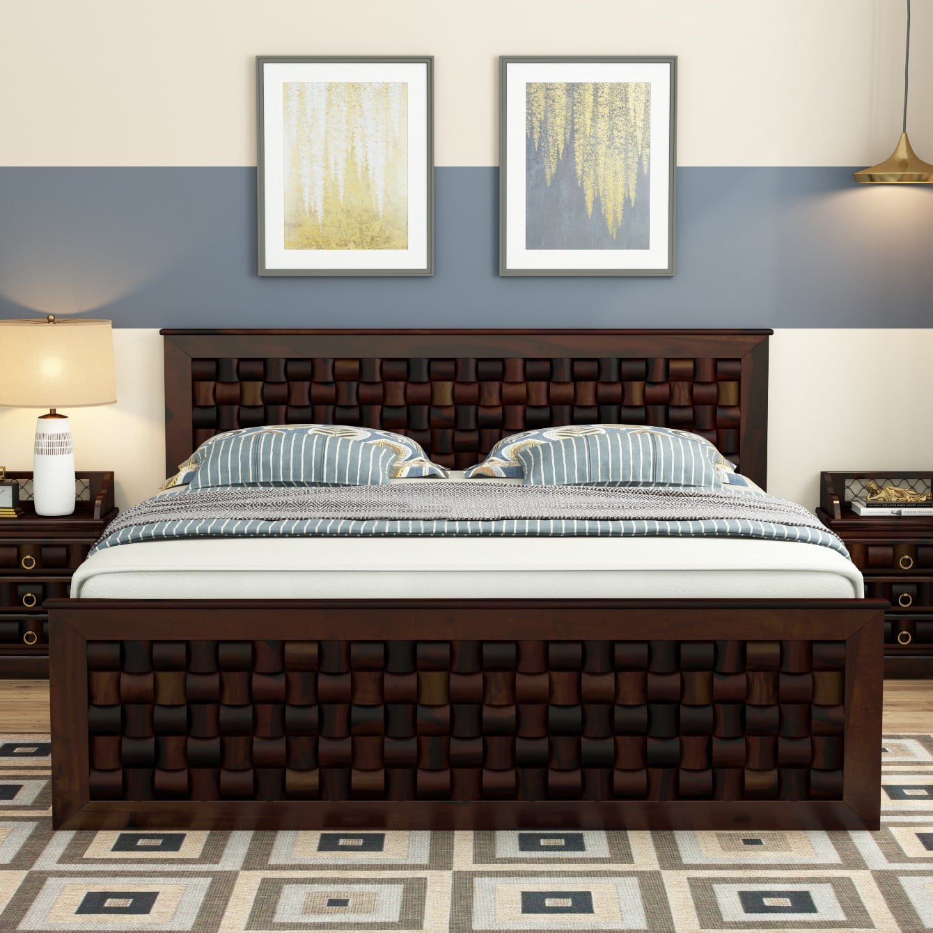 Moglis Solid Wood King  Size Bed With Box Storage Bed Walnut In Finish