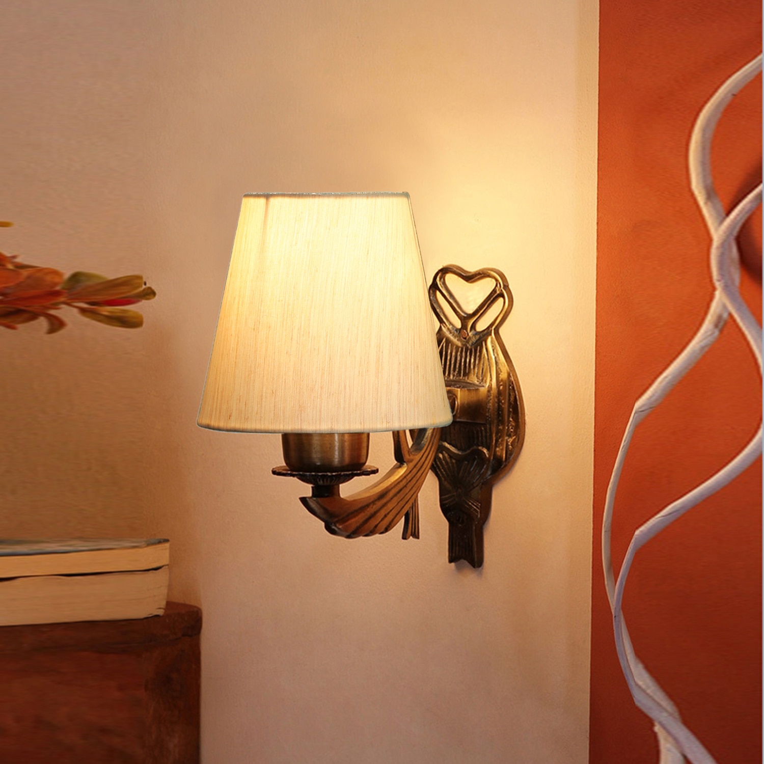 Devansh Metal Electric Wall Light in Antique Gold Colour with off-white Shade Count of 1 Light - Devansh