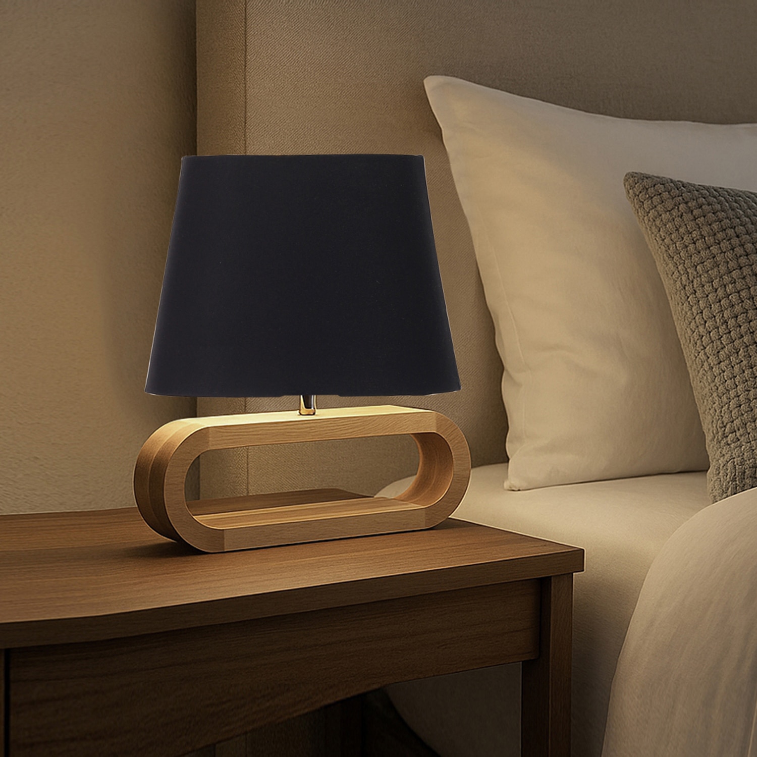 Devansh Black Cotton Table Lamp With  Wood Natural Base -3