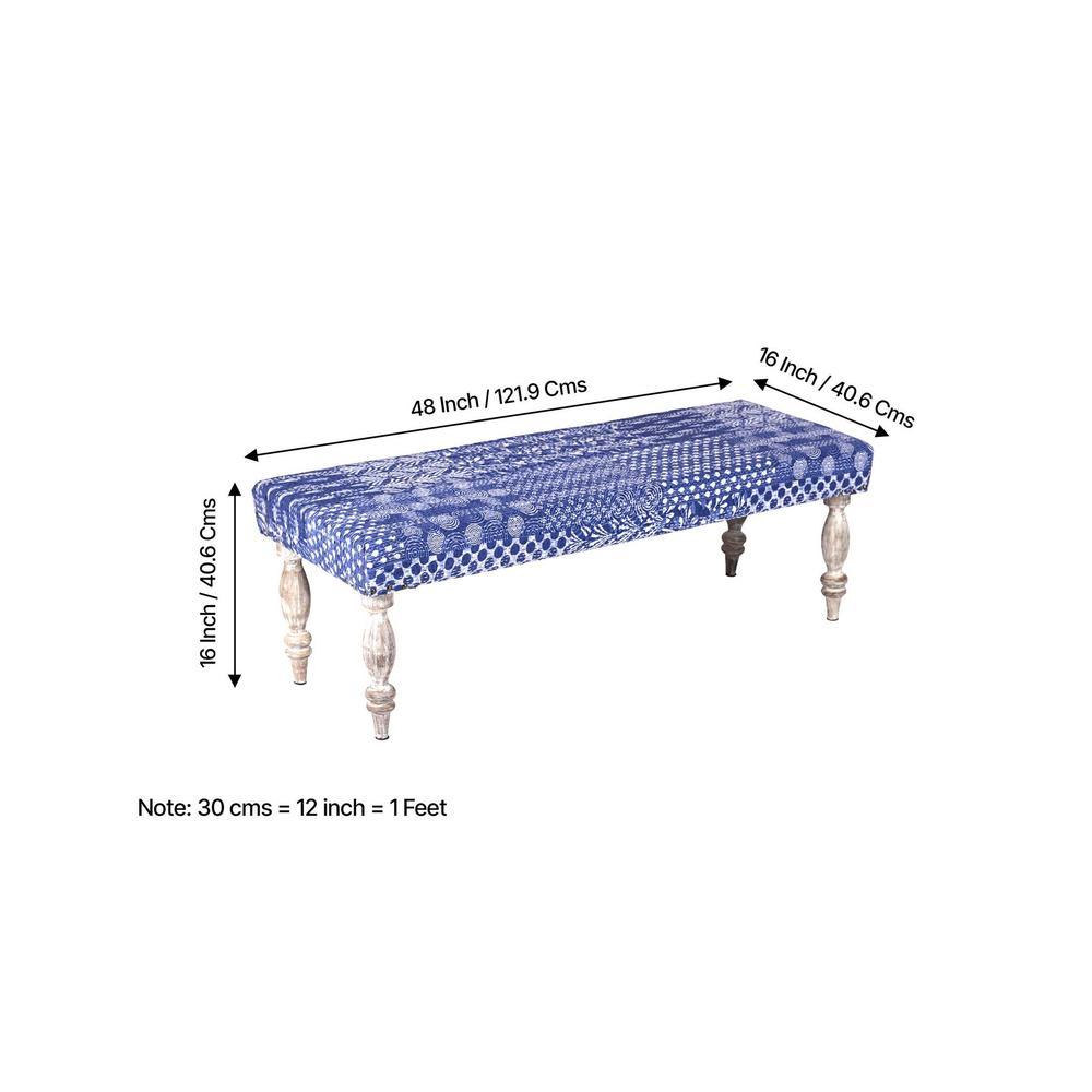 Cairo Solid Wood 2 Seater Bench In Indigo Patch Kantha Fabric
