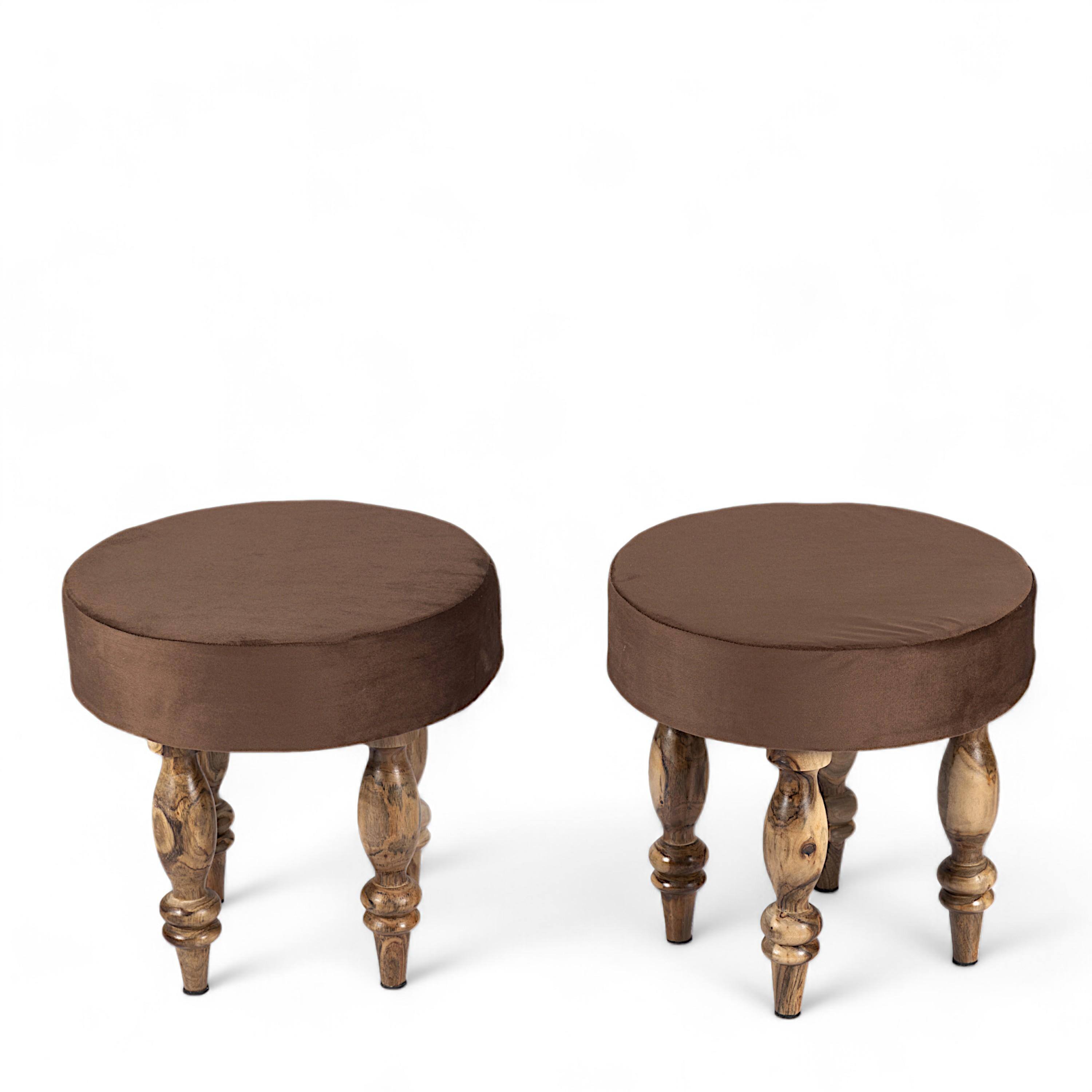 Cairo Sheesham Wood Accent 3+1+1 Seater Bench Set With 2 Stools In Taupe Brown Velvet