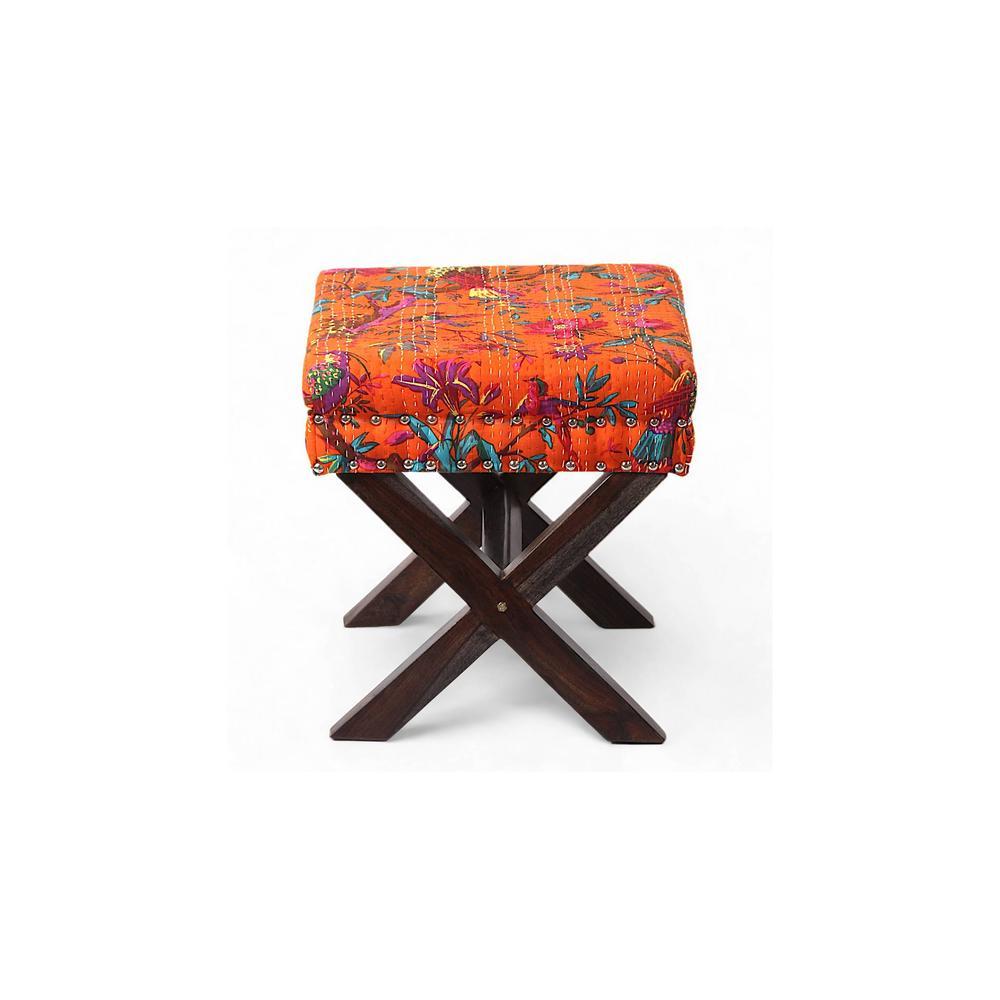 Rosslyn Solid Wood Pouf Stool in Bird Print Orange Ethnic Kantha fabric