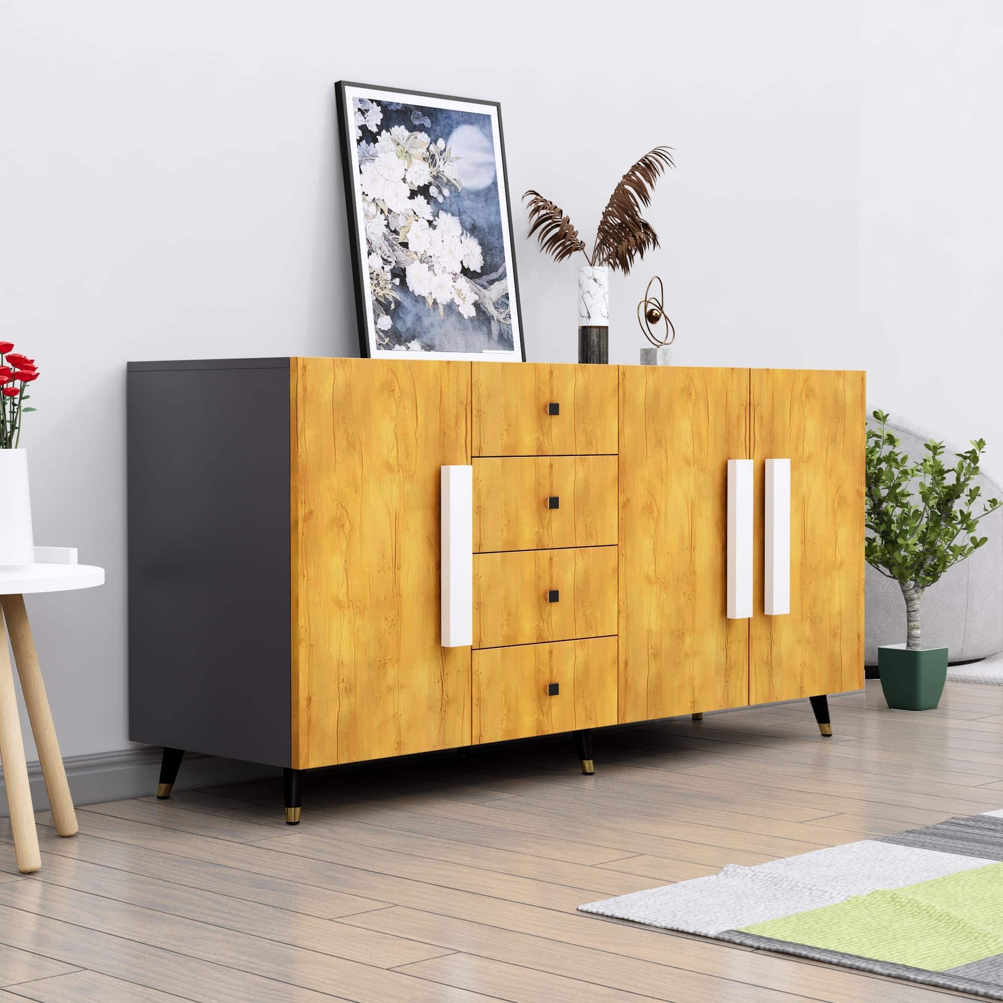 Hexa Red Multipurpose Storage Cabinet With 4 Drawer 3 Door in Slate Grey And Giant Wood Colour - HexaRed
