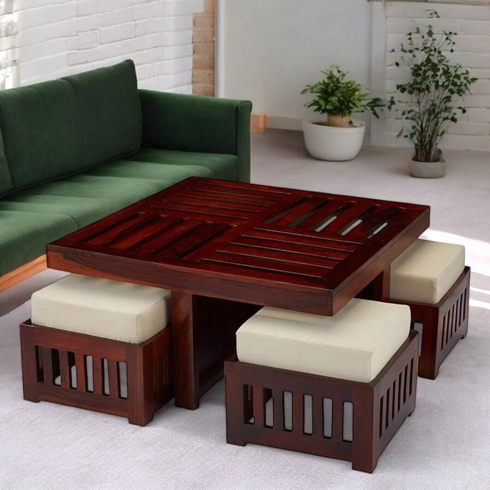 Palladio Sheesham Wood Accent Coffee Table Set With 4 Stools In Honey Finish