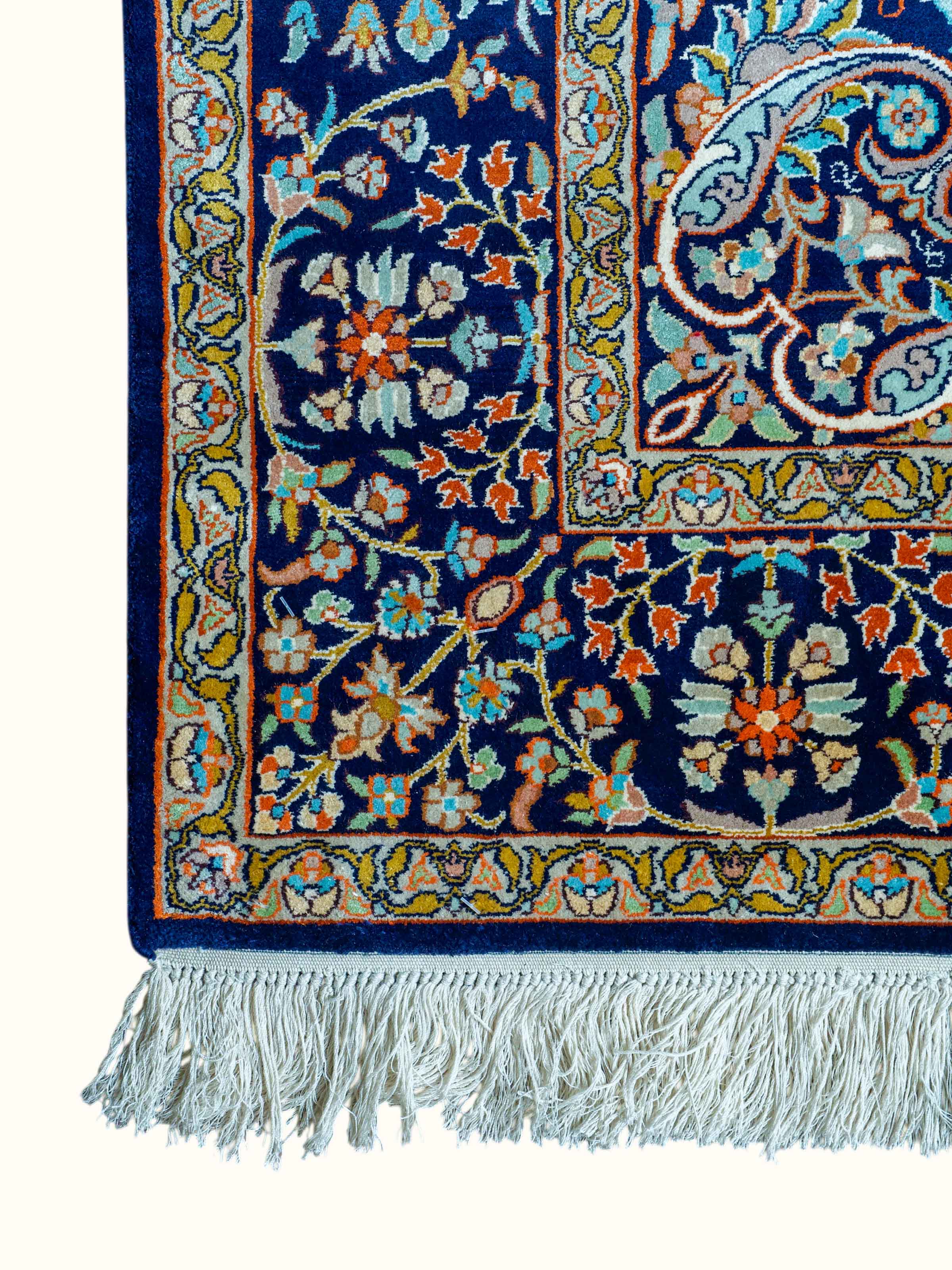Traditional Persian Navy Mahal Kashmir Silk Hand-Knotted Carpet