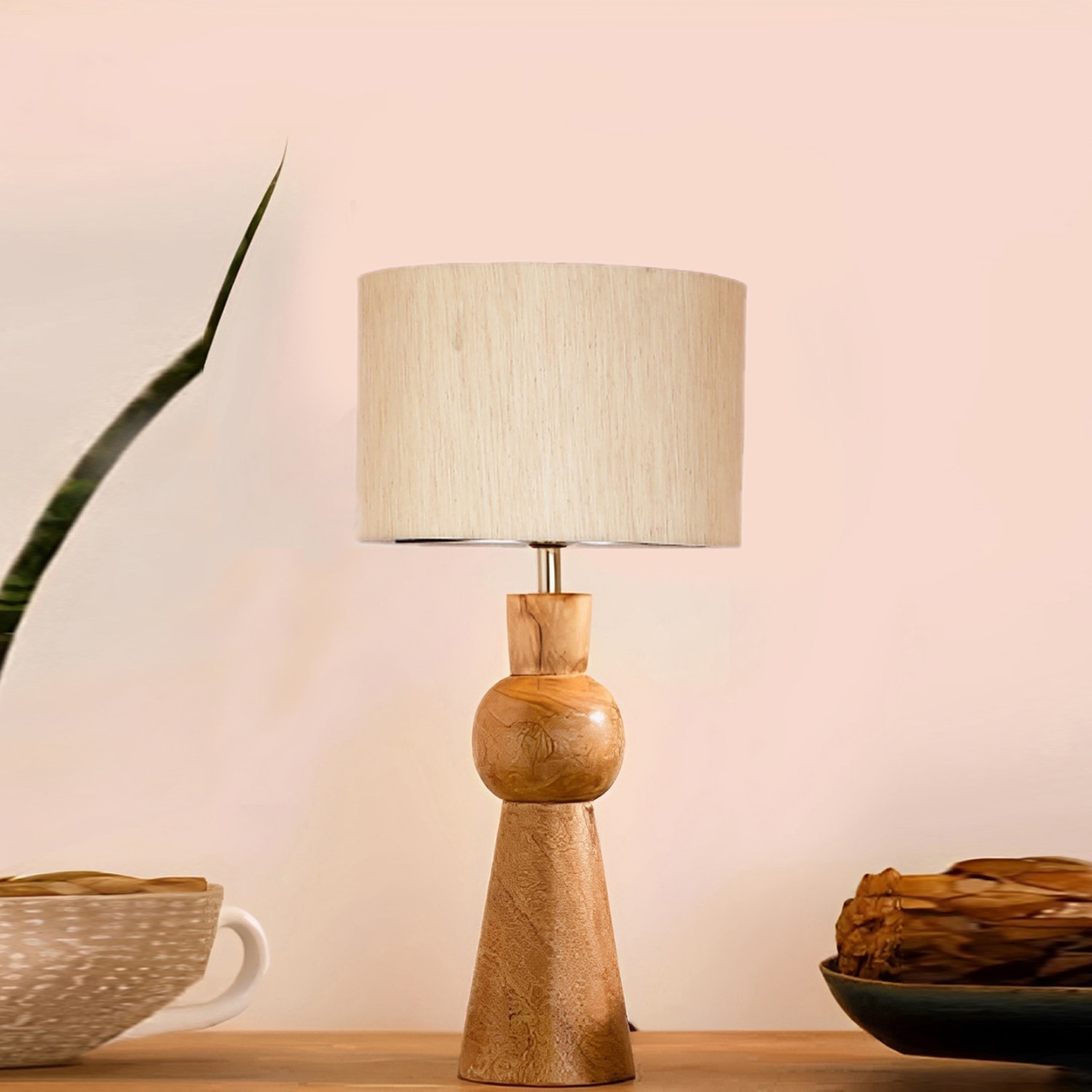 Devansh Off White Cotton Table Lamp With  Wood Natural Base  (7X18.25 Inches)-2