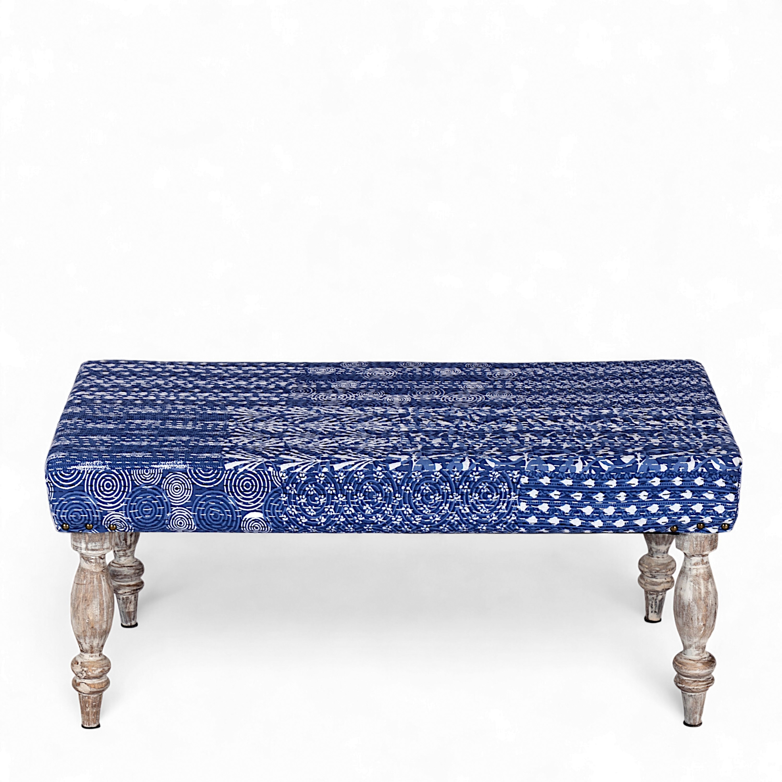 Bestone Solid Wood Bench In Indigo Patch Kantha Fabric