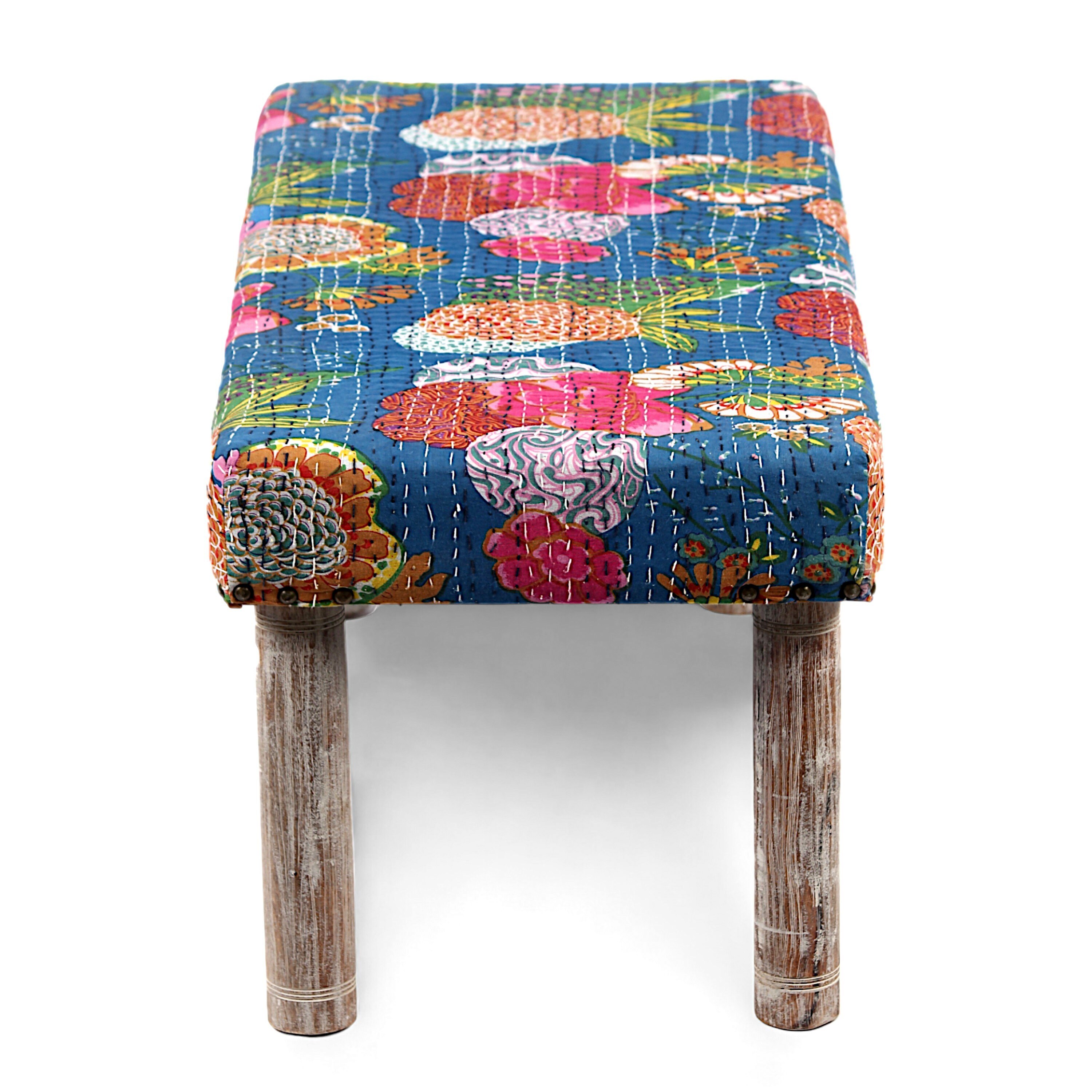 Camilla Solid Wood 2 Seater Bench In Fruit Print Blue Ethnic Kantha Fabric