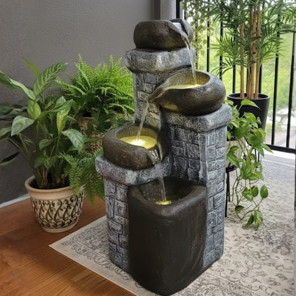 Olive  Yellow Tiered Cask Stone Brick Water Fountain - Expleasia