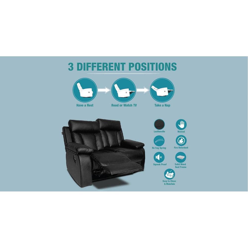 Magna Leatherette Two Seater Manual Recliner in Black Colour