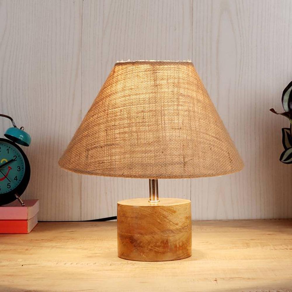 Bharati Beige Natural Fiber Shade Table Lamp with Natural Wooden Base