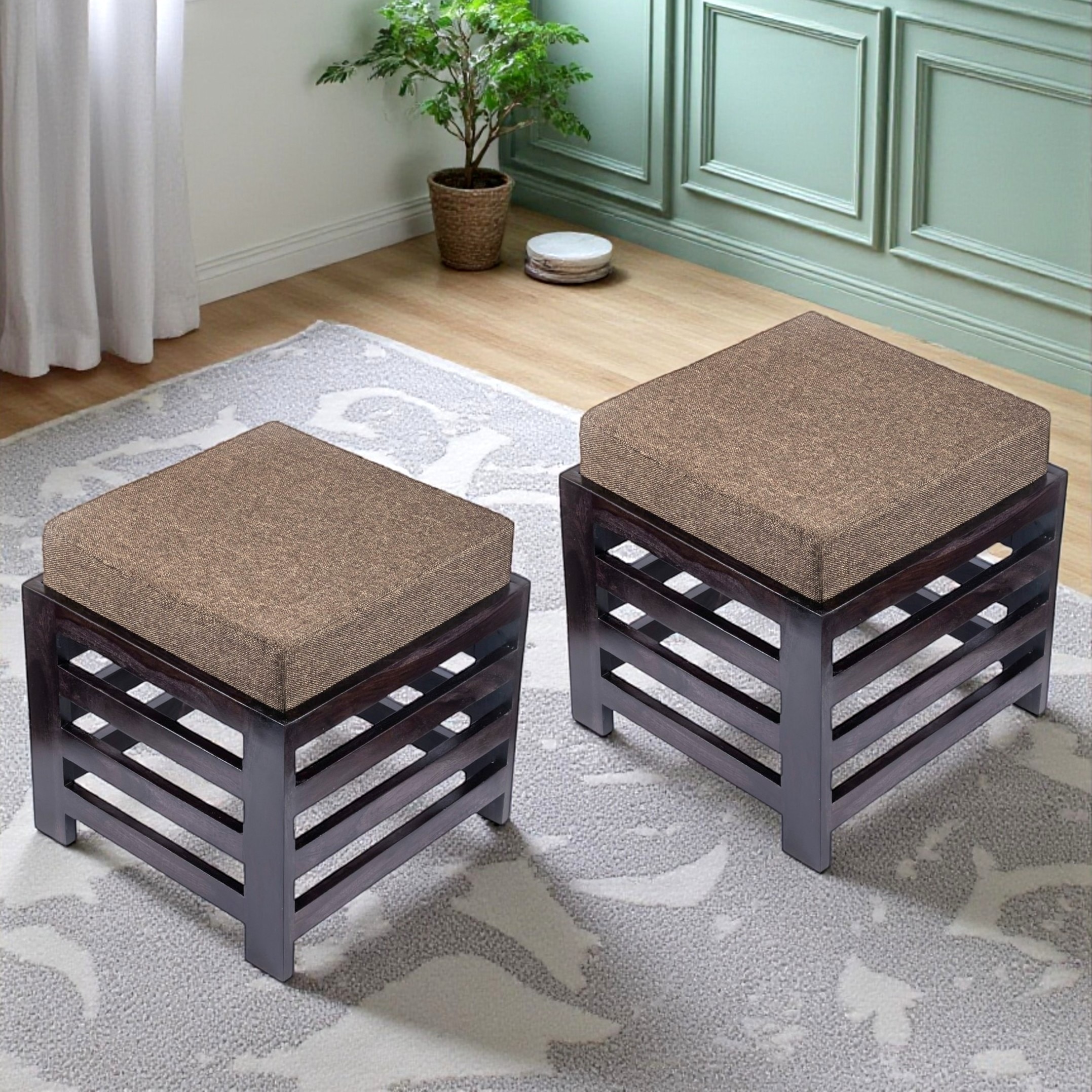 Houston Sheesham Wood Contemporary Set of 2 Stools in Jute Brown, Extra Dark Mahogany Finish