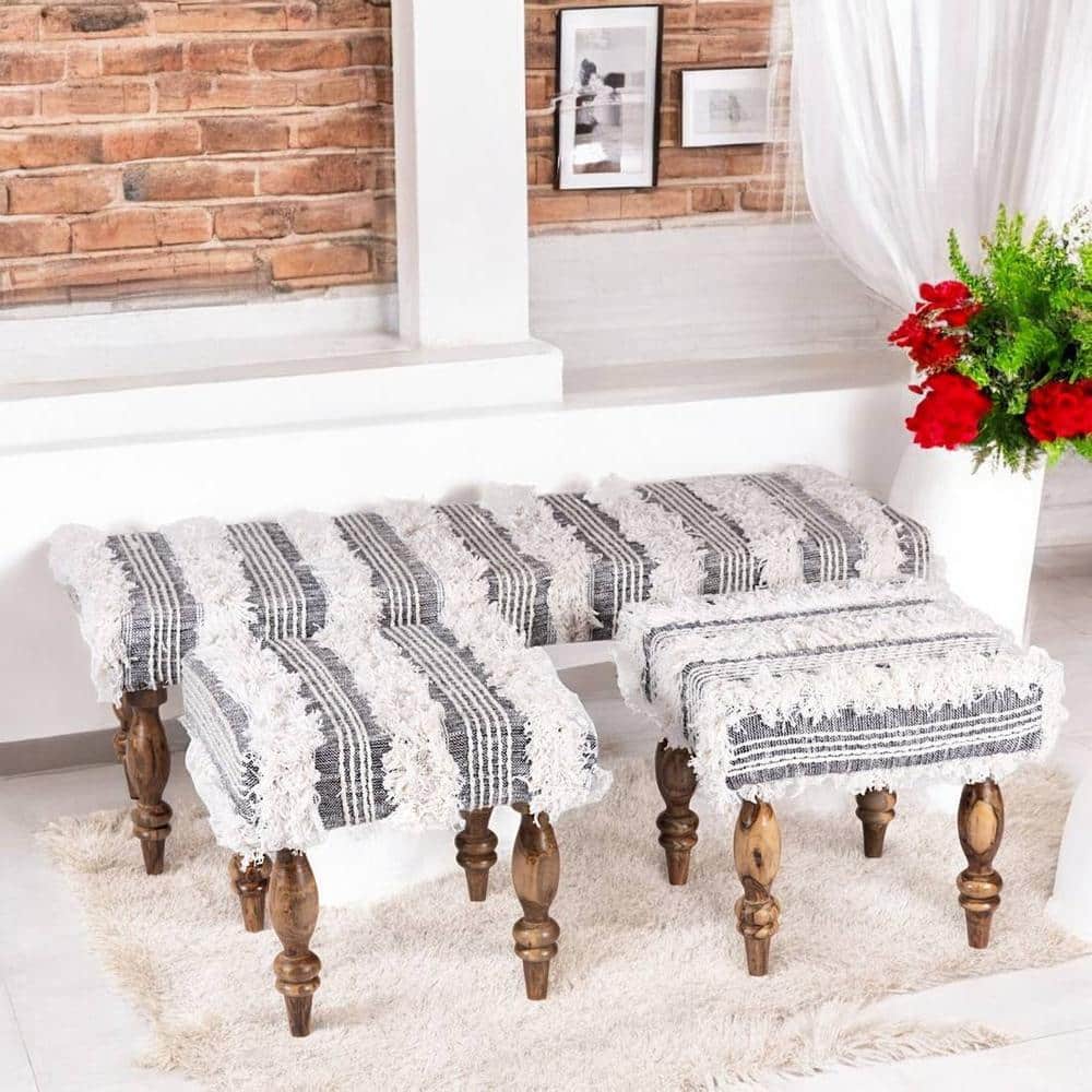 Cairo Sheesham Wood Accent Seater Bench Set With 2 Stools In Grey Fabric