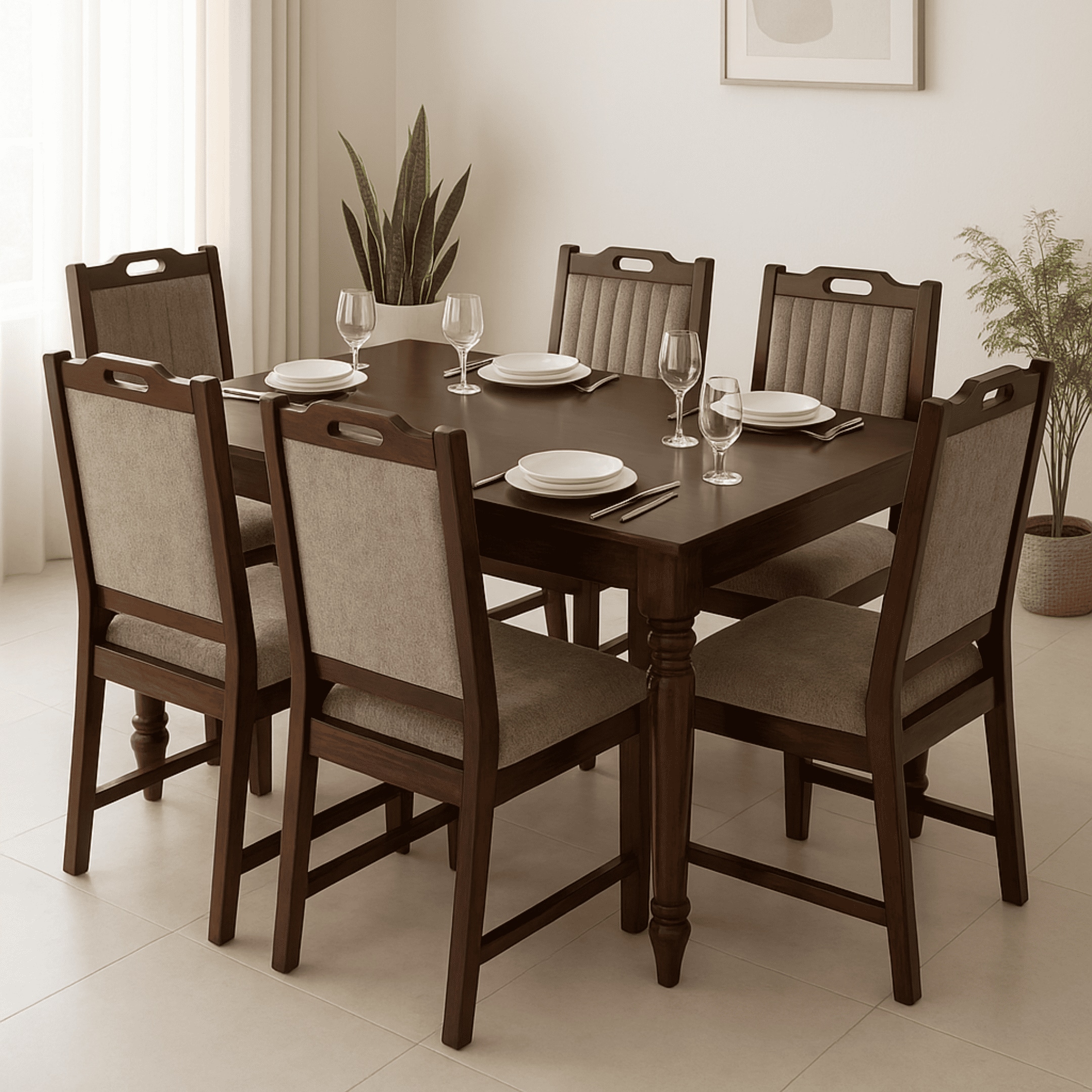 Globally Indian Compact Wooden 6 Seater Dining Table Set – Comfortable 6 Upholstered Seat and Back in Brown Sapphire