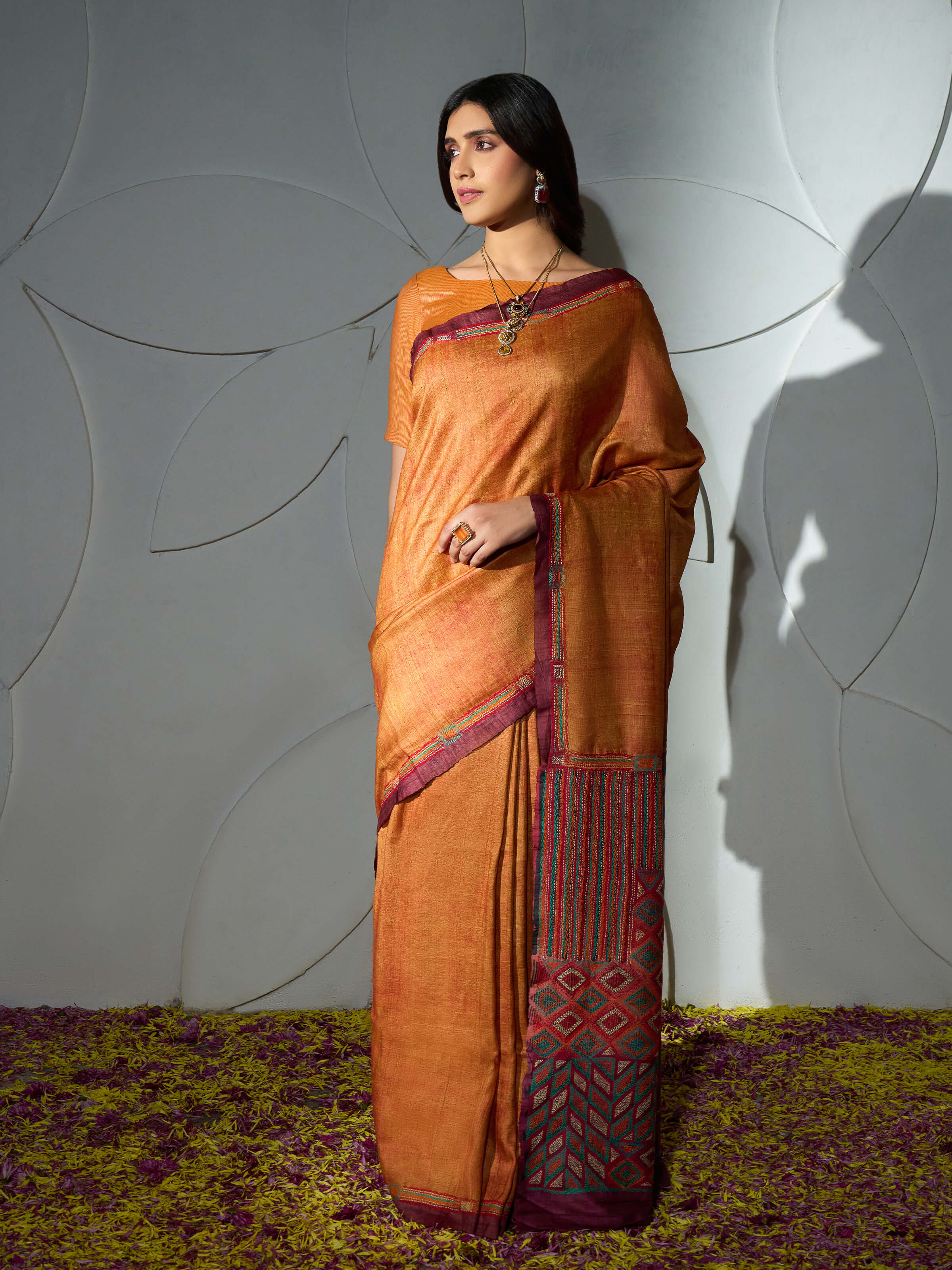 Rustorange Tussar Silk Discharge Block Kantha Embroidered Saree