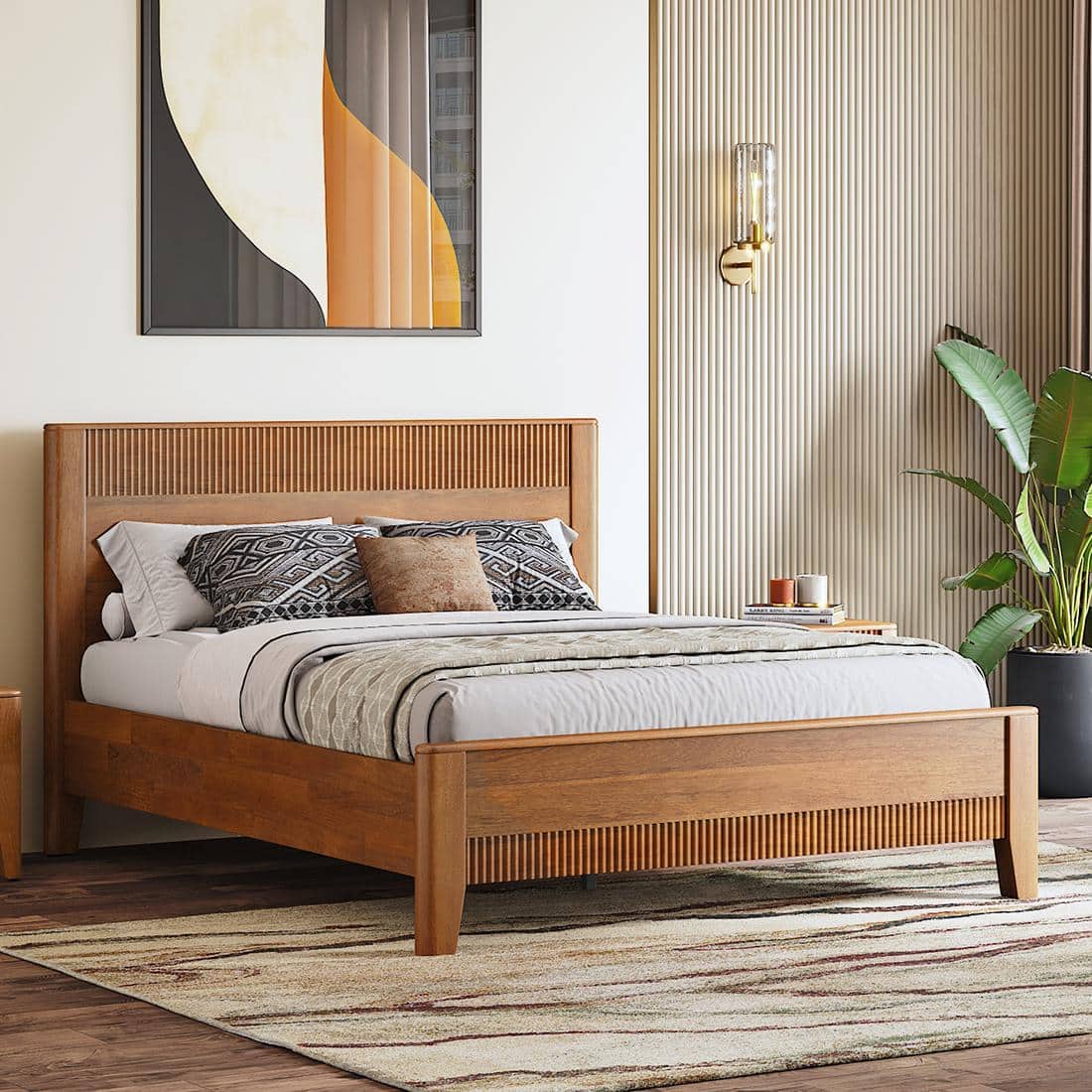 Toledo Solid Wood King Size Non Storage Bed In Amber Walnut Finish