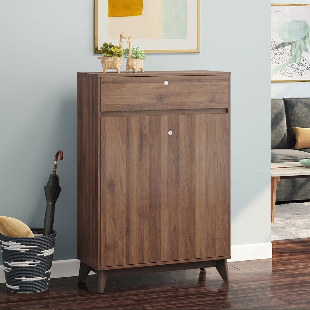 Webster 15 Pair Shoe Rack With Drawer in Classic Walnut Finish - Urban Ladder
