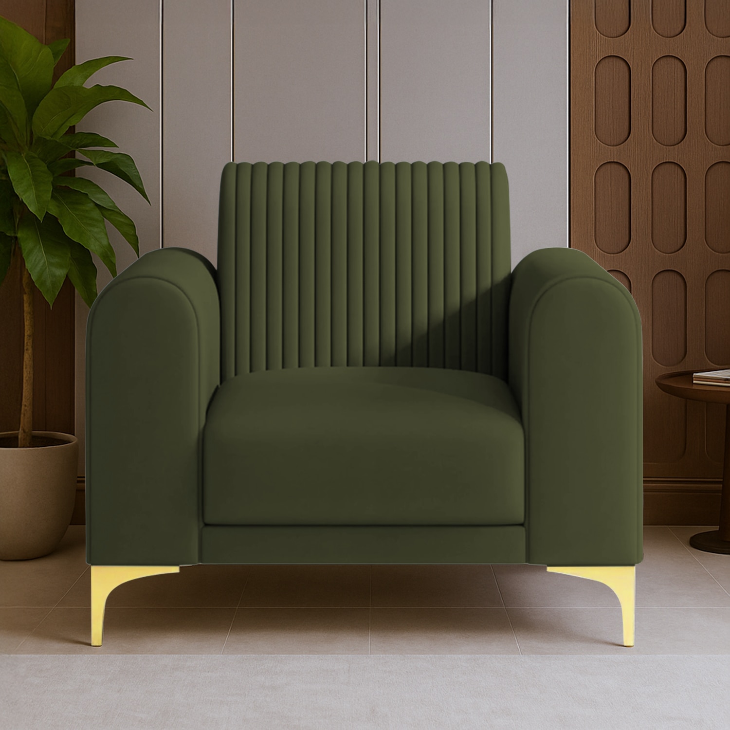 Veniza Velvet 1 Seater Sofa In Olive Green Colour