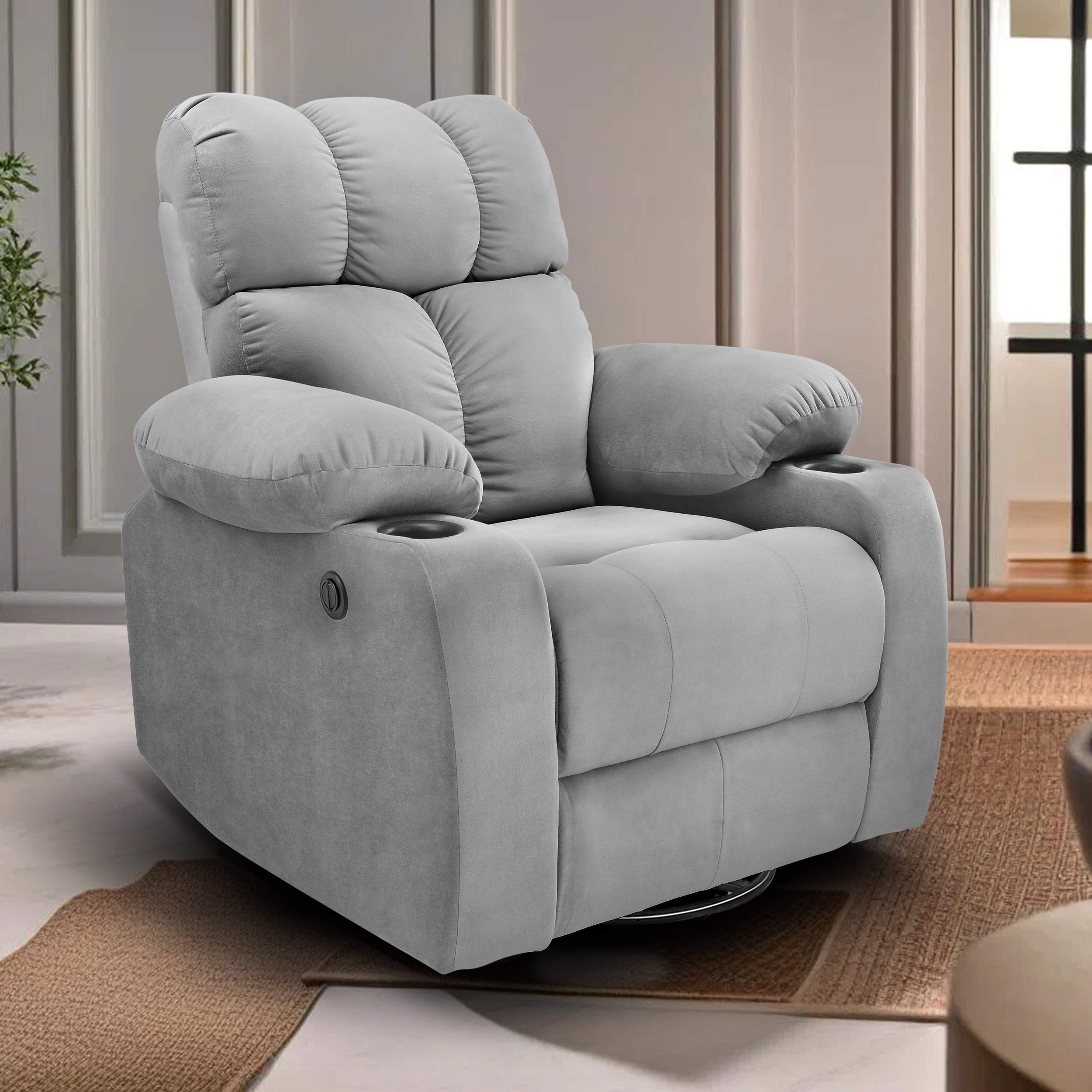 Helios Fabric One Seater Motorised Recliner with Rocking Revolving & Cup Holder in Grey Colour - Little Nap Design