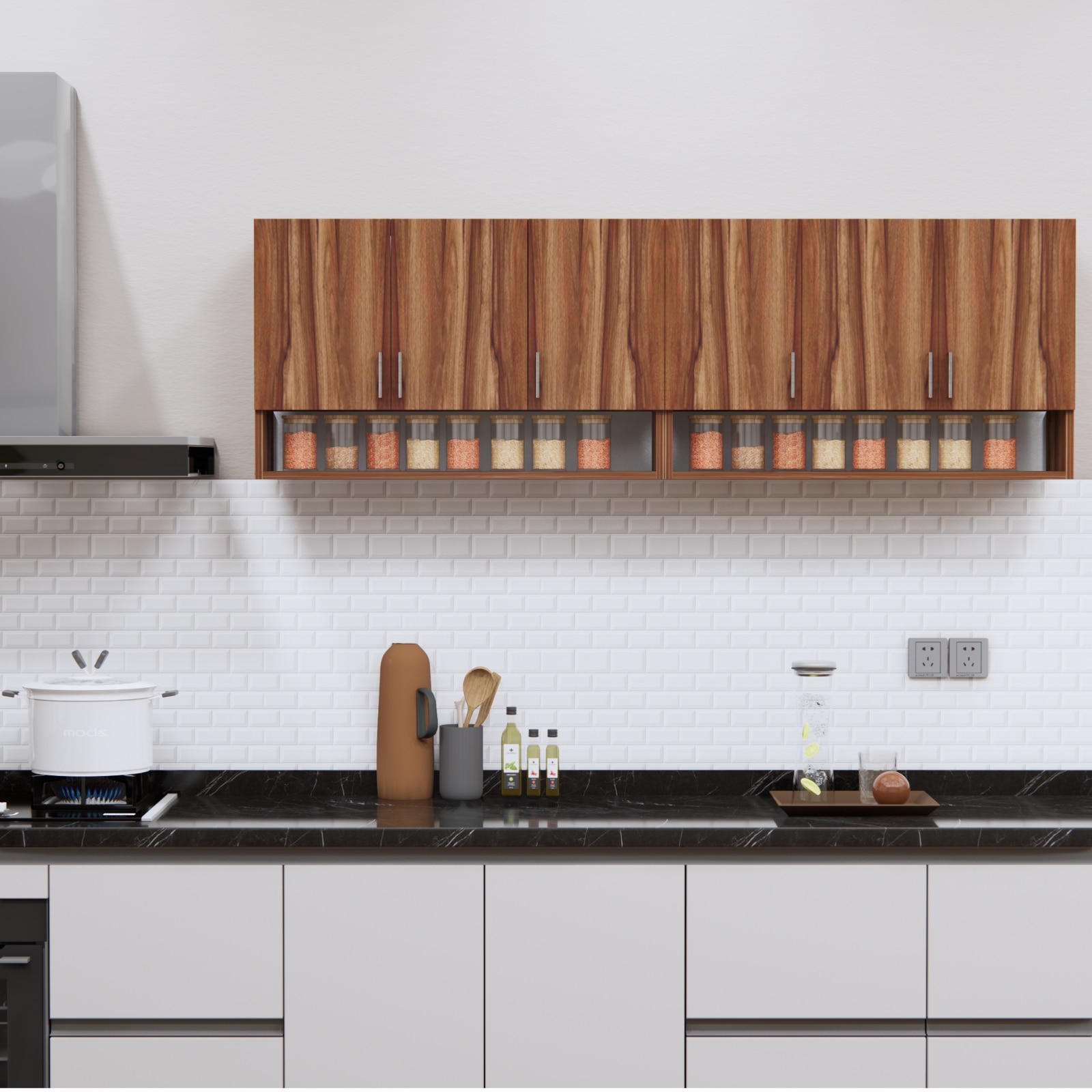 6 Doors Modular Wall Mounted Kitchen Cabinet With Organizer Shelf In Aisan Walnut Finish-image-34