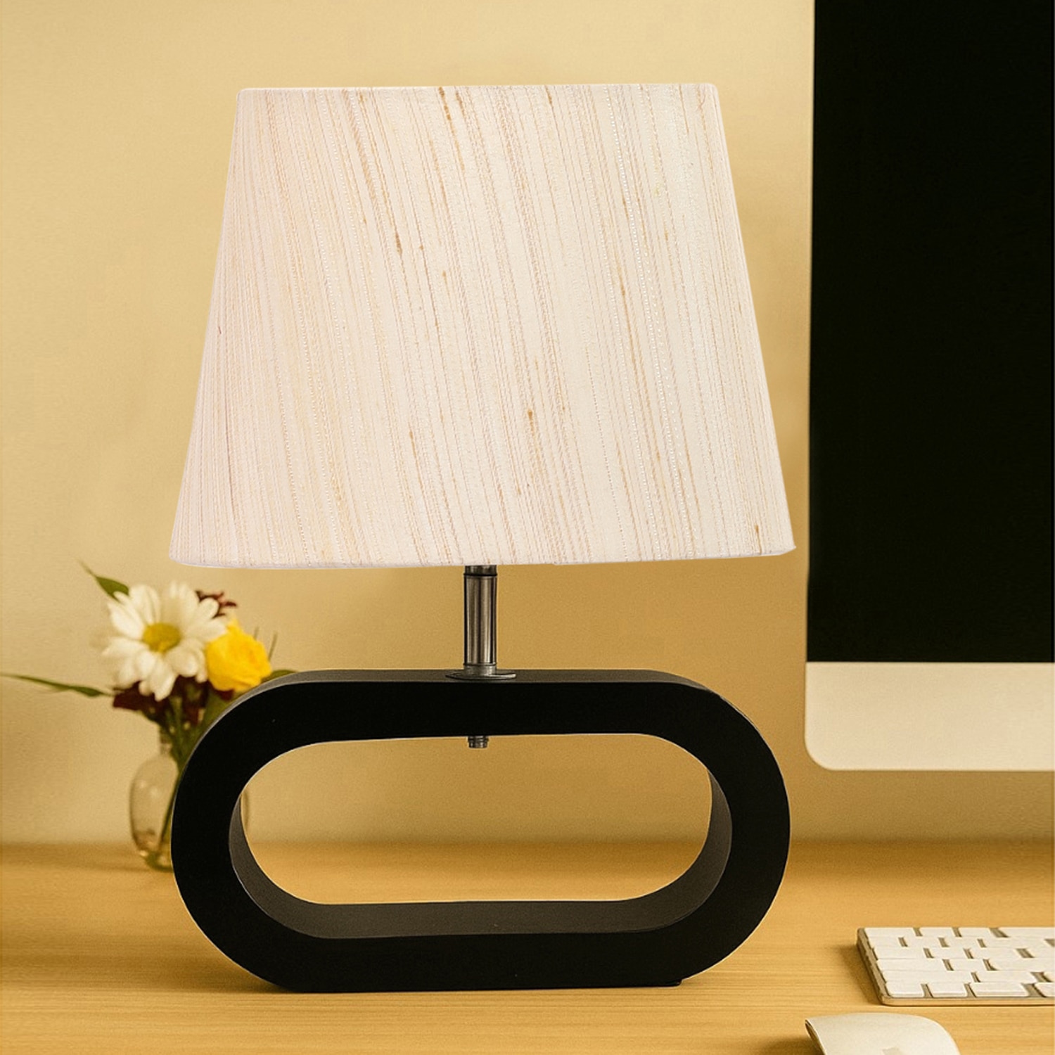 Devansh Off White Cotton Table Lamp With  Wood Black Base  -2