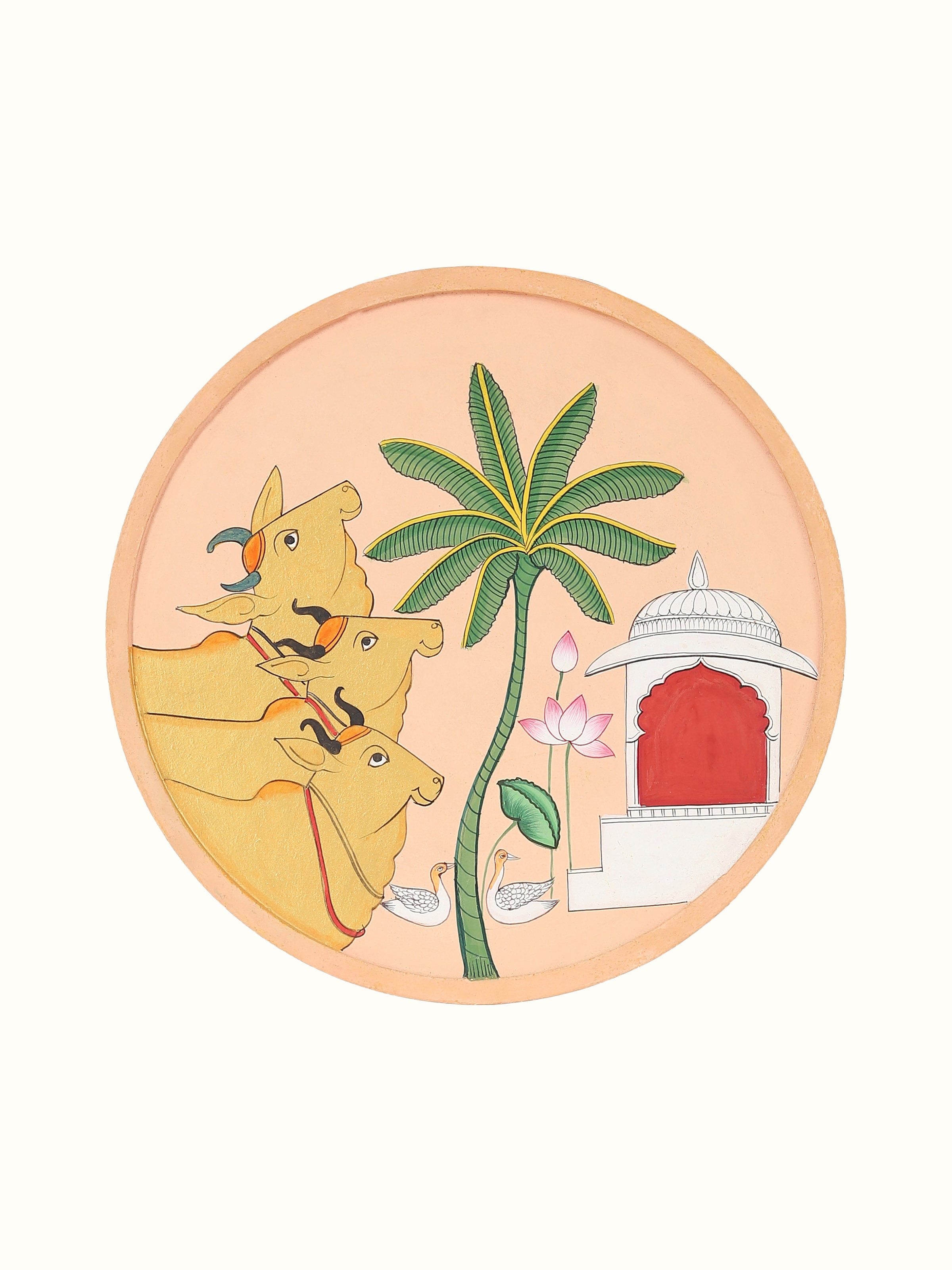 Cow and Temple Pichwai Painting Wall Plate