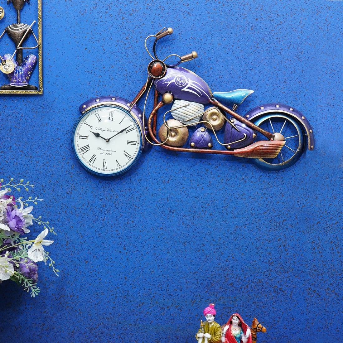 Blue Color Metal Decorative Handcrafted Motorcycle Wall Clock By Craft Tree