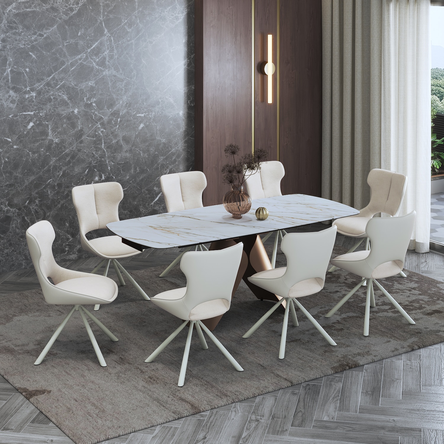 Aeris Ceramic 6 to 8 Seater Extendable Dining Table With 6 Tulip Dining Chair