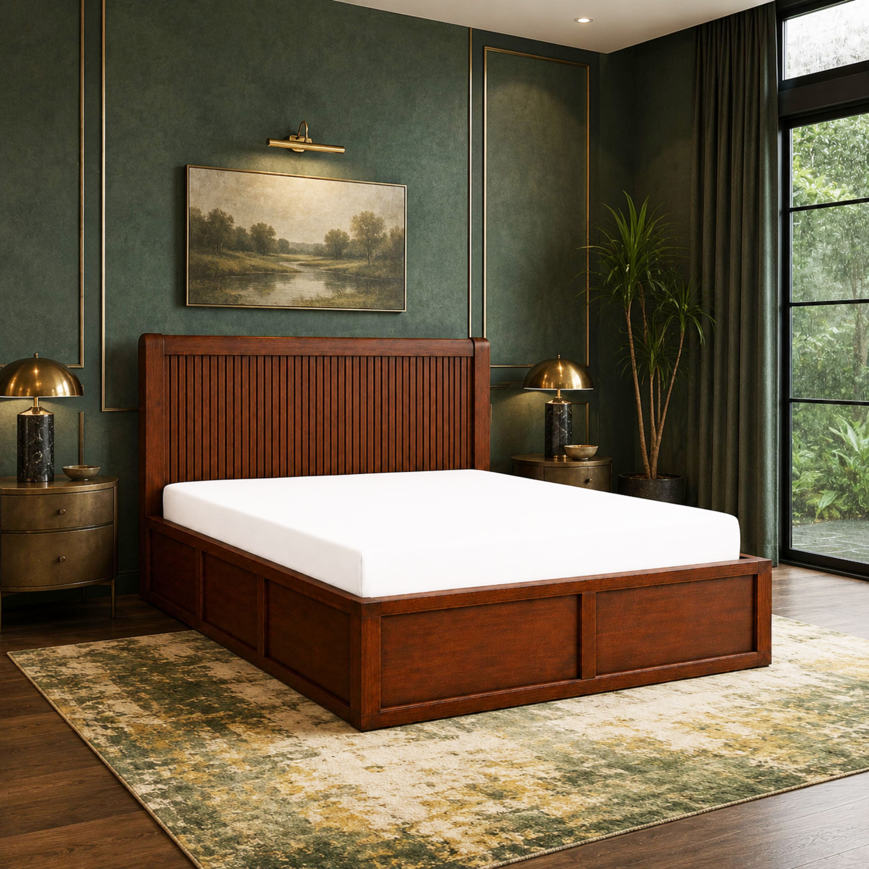 Nivaan Solid Wood Comfort Queen Bed Hydraulic Storage Provincial Teak Finish Mattress 60 x 78 Inches